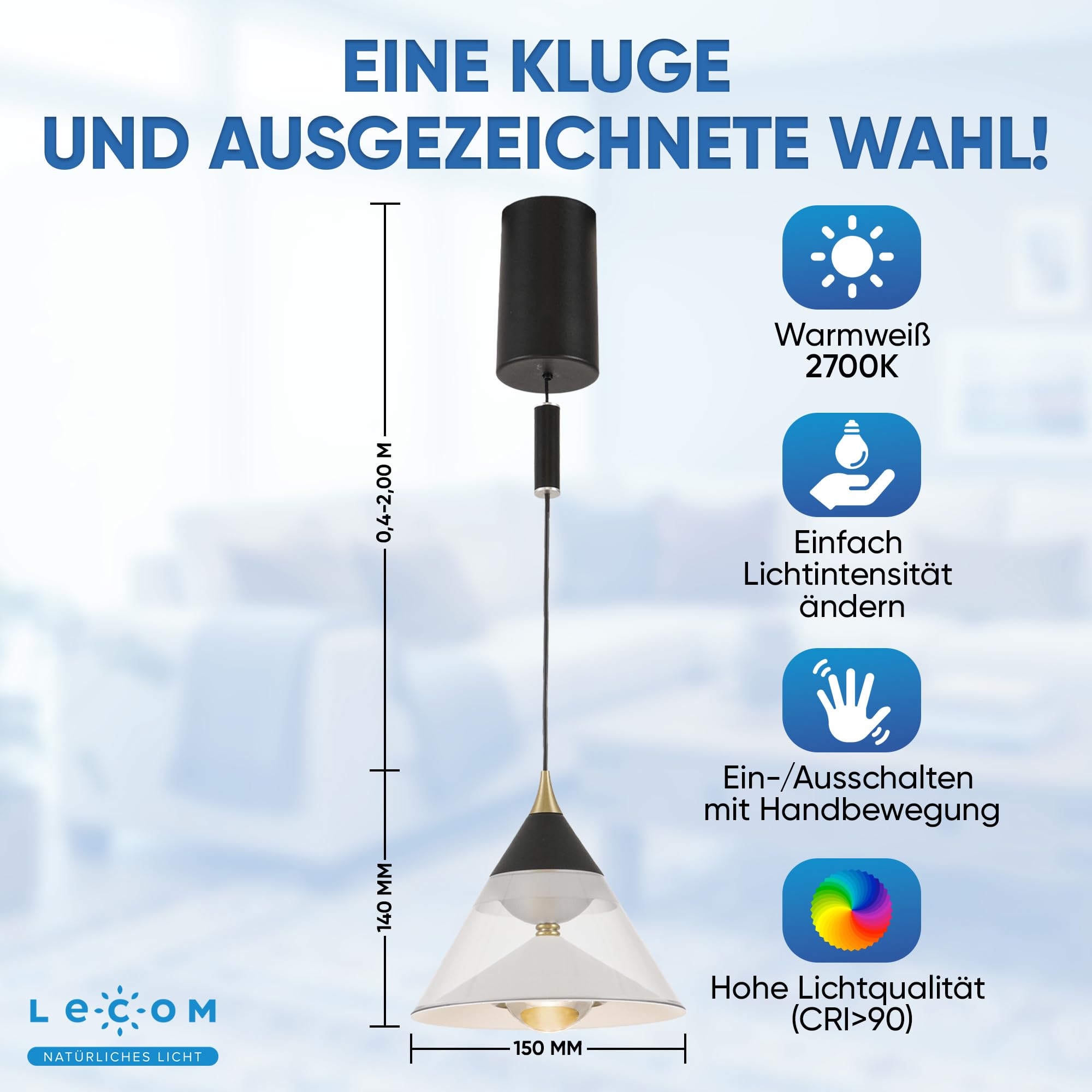 LECOM 2x LED Hängeleuchte Schwarz Dimmbar Warmweiß 5100lm 29W CRI90 Sensor