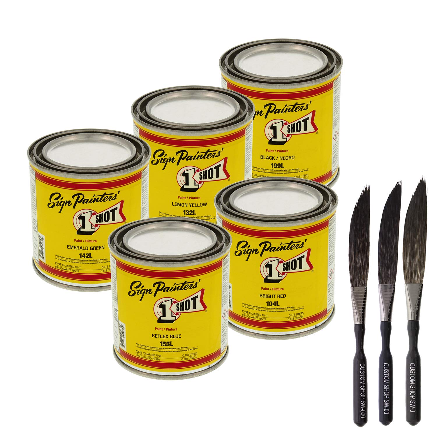 One-Shot 5-Color Lettering and Pinstripe Paint 14 Pint Cans with Bonus Striping Brush Kit Colors: Bright Red Lemon Yellow Emerald Green Reflex Blue and Black product thumbnail 3
