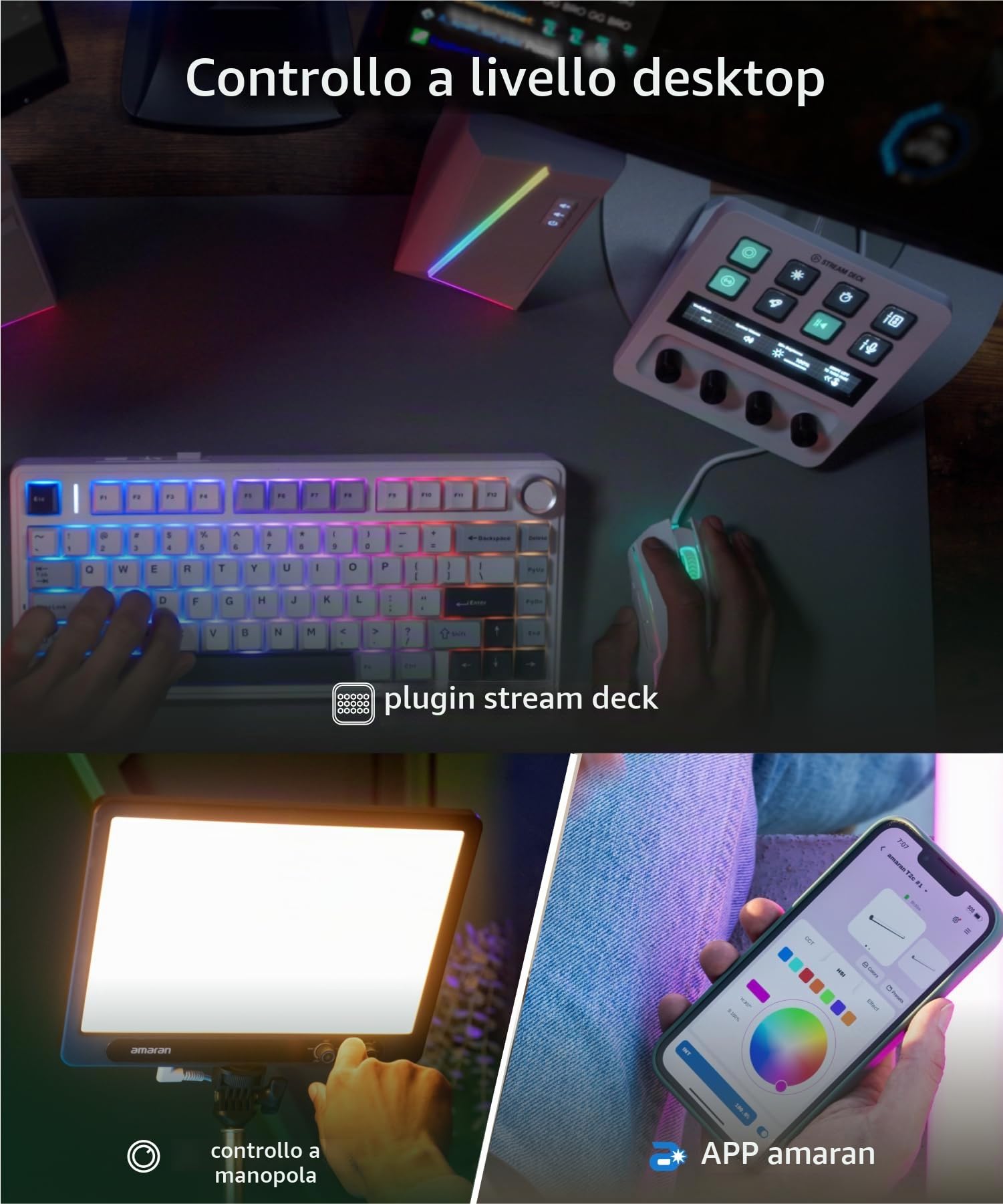 amaran Verge Key Light Bi-Color da scrivania, pannello LED soft edge 2700K–6500K, CRI 96, controllo frontale & alimentazione USB-C, per streaming, videochiamate e creazione di contenuti – Bianco