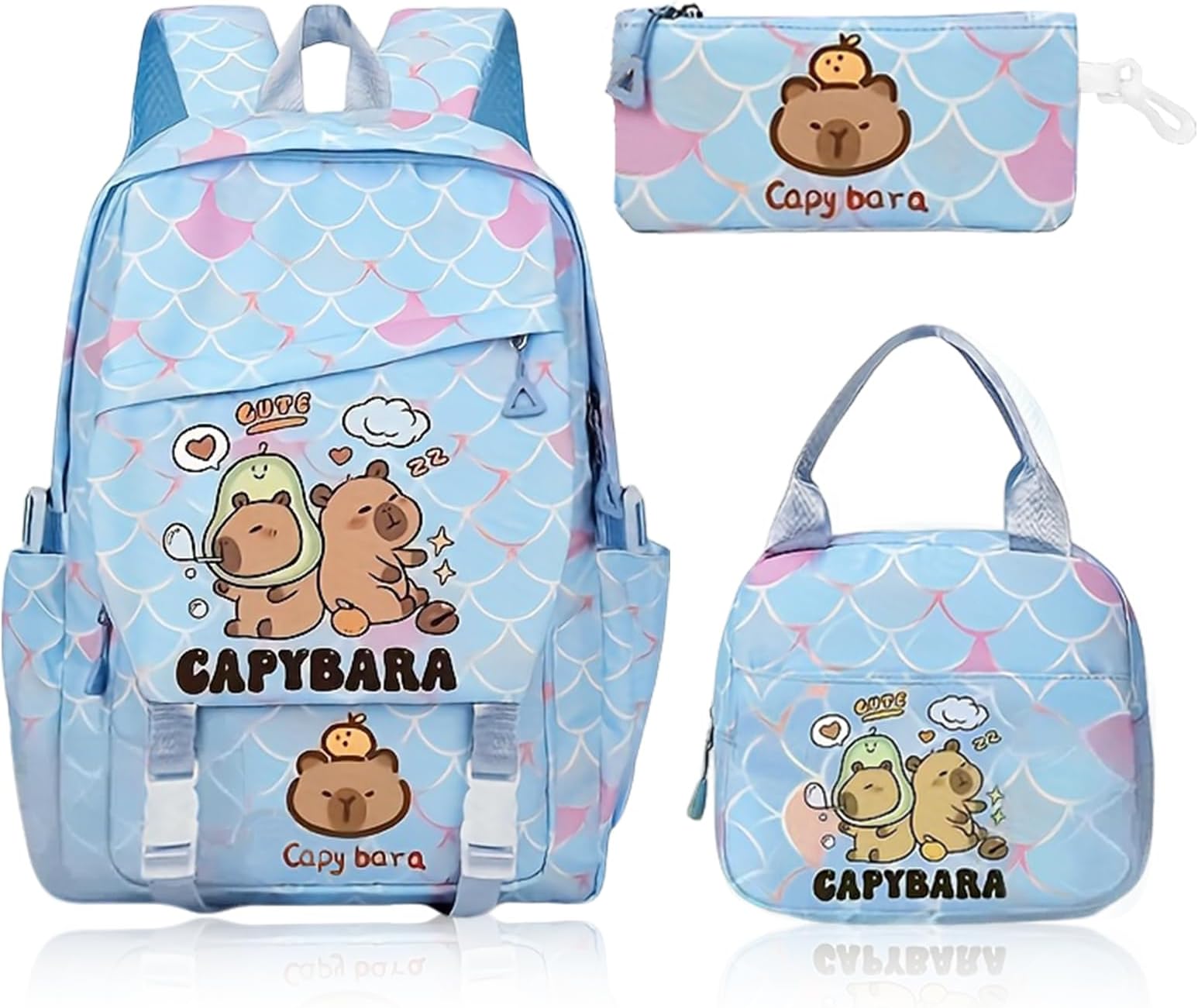 Capybara School Bag, 3 Pcs Capybara Backpack with Lunch Box and Pencil Case, Large Capacity Waterproof Rucksack for Kids Student Teenagers (Blue)