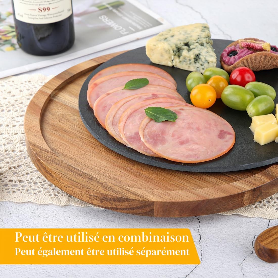 Plateau de service en bois d'acacia rotatif à 360° avec plateau en ardoise | Plateau à fromage rustique, planche à steak, plaque de grill et planche à sushi | Idéal pour la viande, le