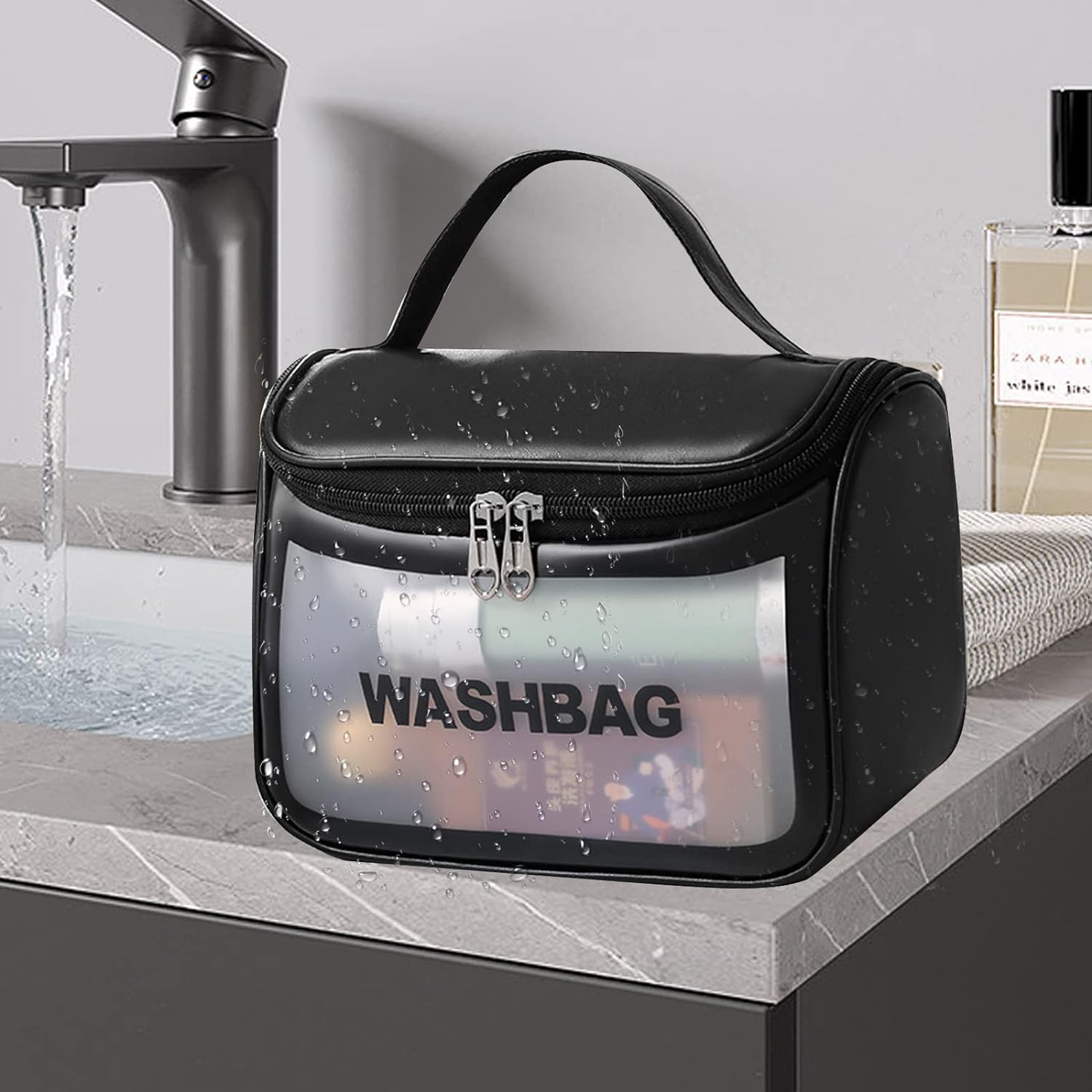 ADQIN Wash Bag Half Round (Black) with Hanging Hook - Waterproof Toiletry Bag for Travel, Makeup Organizer Pouch, Personal Care Storage Case (22 x 12 x 16 cm) 3