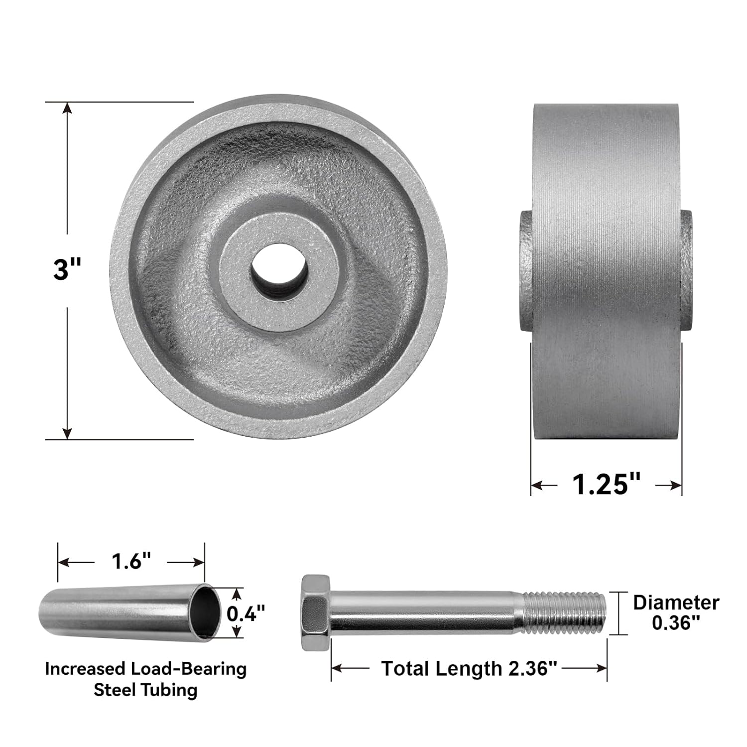 Industrial Caster Wheels, Semi Steel Cast Iron, 3" x 1.25", 350 lbs Capacity per Wheel (4 Pack)