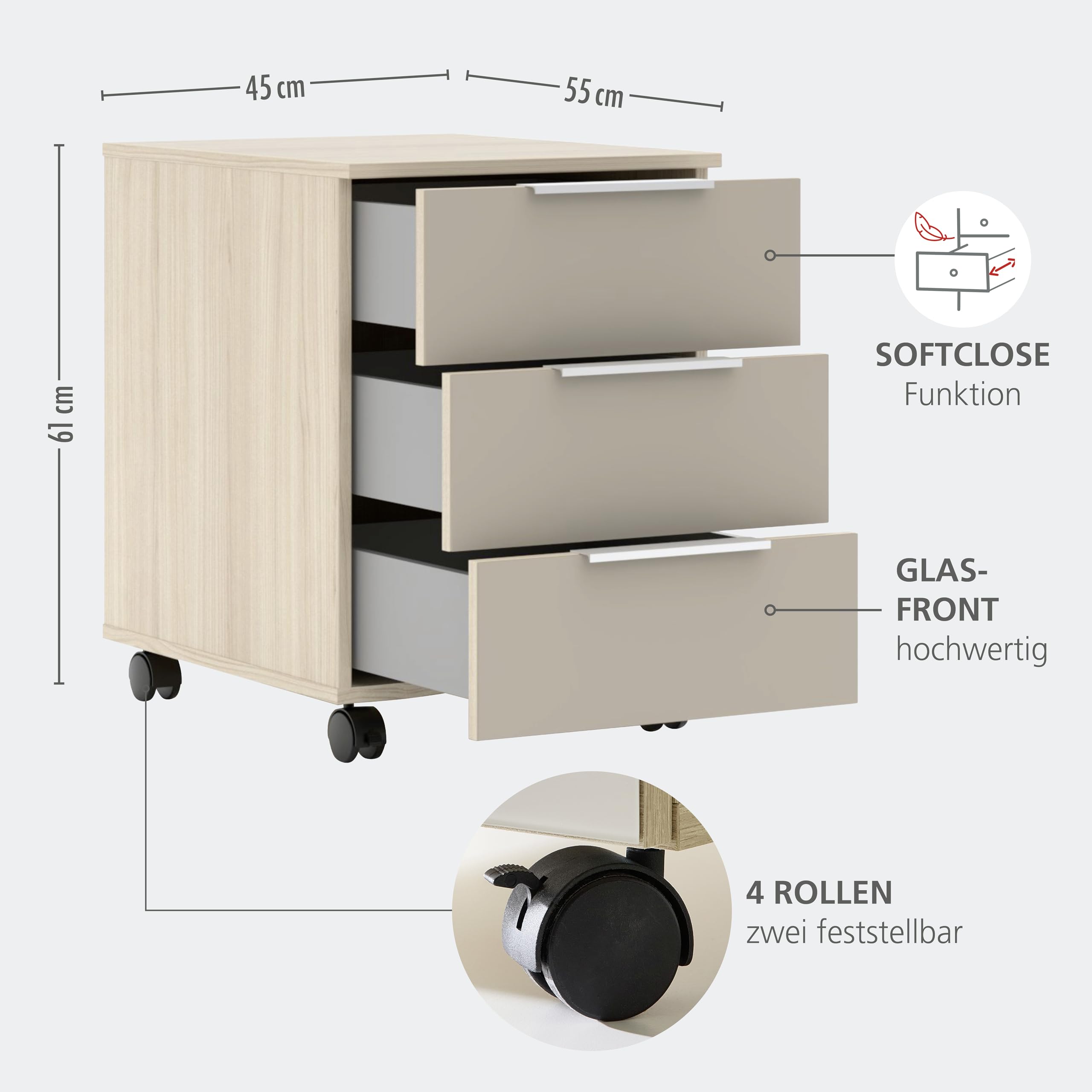 SANTORIN Rollcontainer Schreibtisch Büroschrank Cashmere Riva Eiche | 45 x 61 x 55 cm (B/H/T), Büro, 3 Schubladen, Glasfronten, 4 Rollen davon 2 mit Bremse, Metallgriffe, mit Stauraum