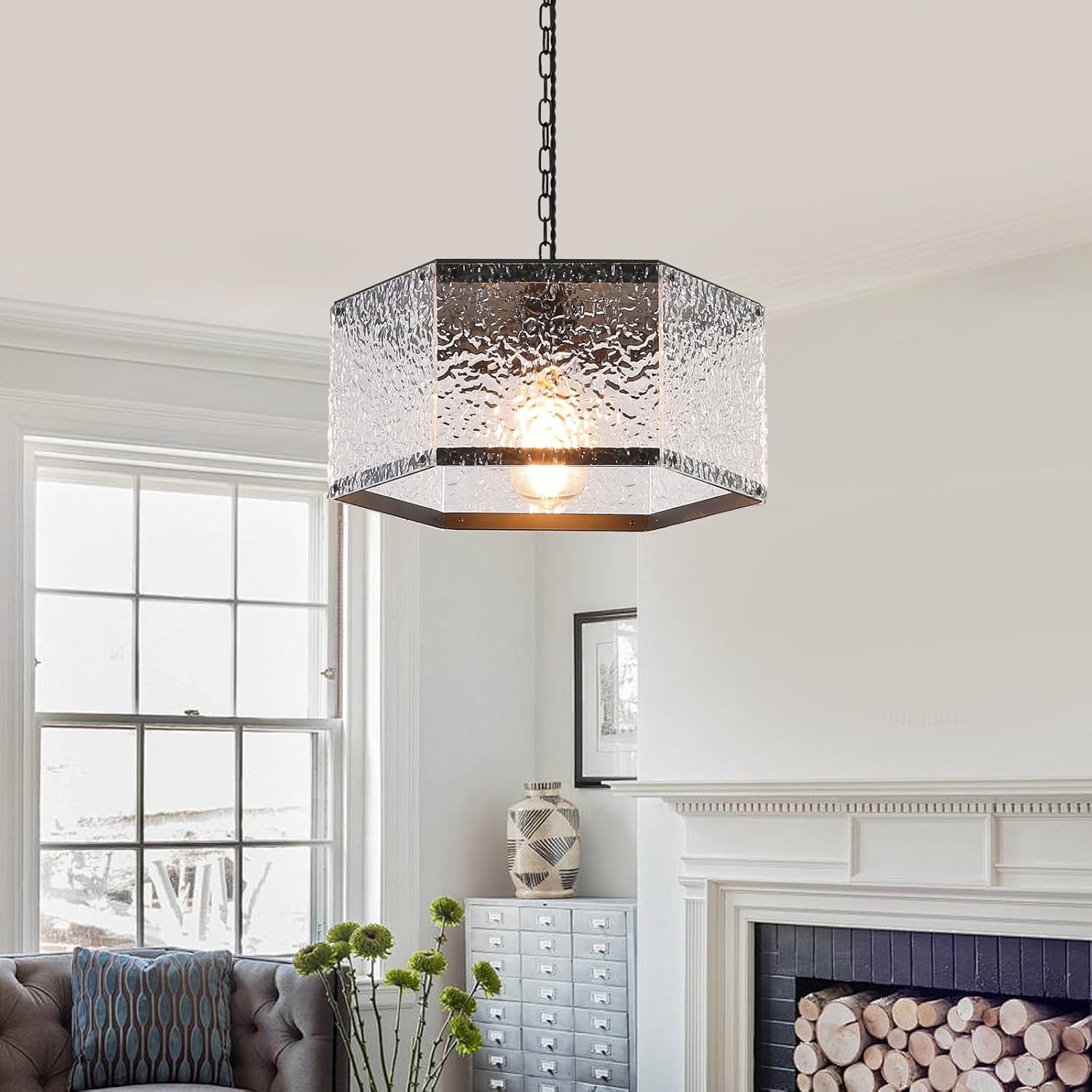 Modern Black Plug in Pendant Light Fixture with Adjustable Chain, Dimmable Switch, 14.5 inch Industrial Water Ripple and Metal Cage Hanging Lamp for Kitchen Island Dining Room Farmhouse, Black