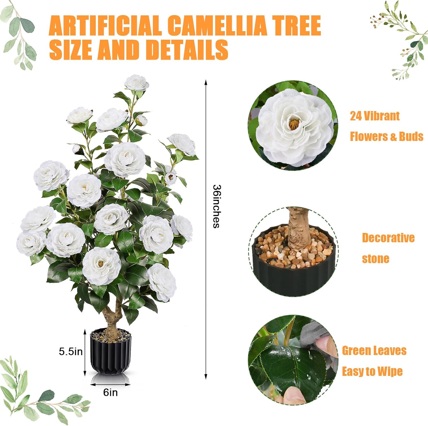 2 PCS Artificial Camellia Trees in Pot White Fake Flowers Trees Outdoor Faux Potted Tree with 24 Blooming Camellia Topiary Greenery Plant for Porch Front Door Indoor