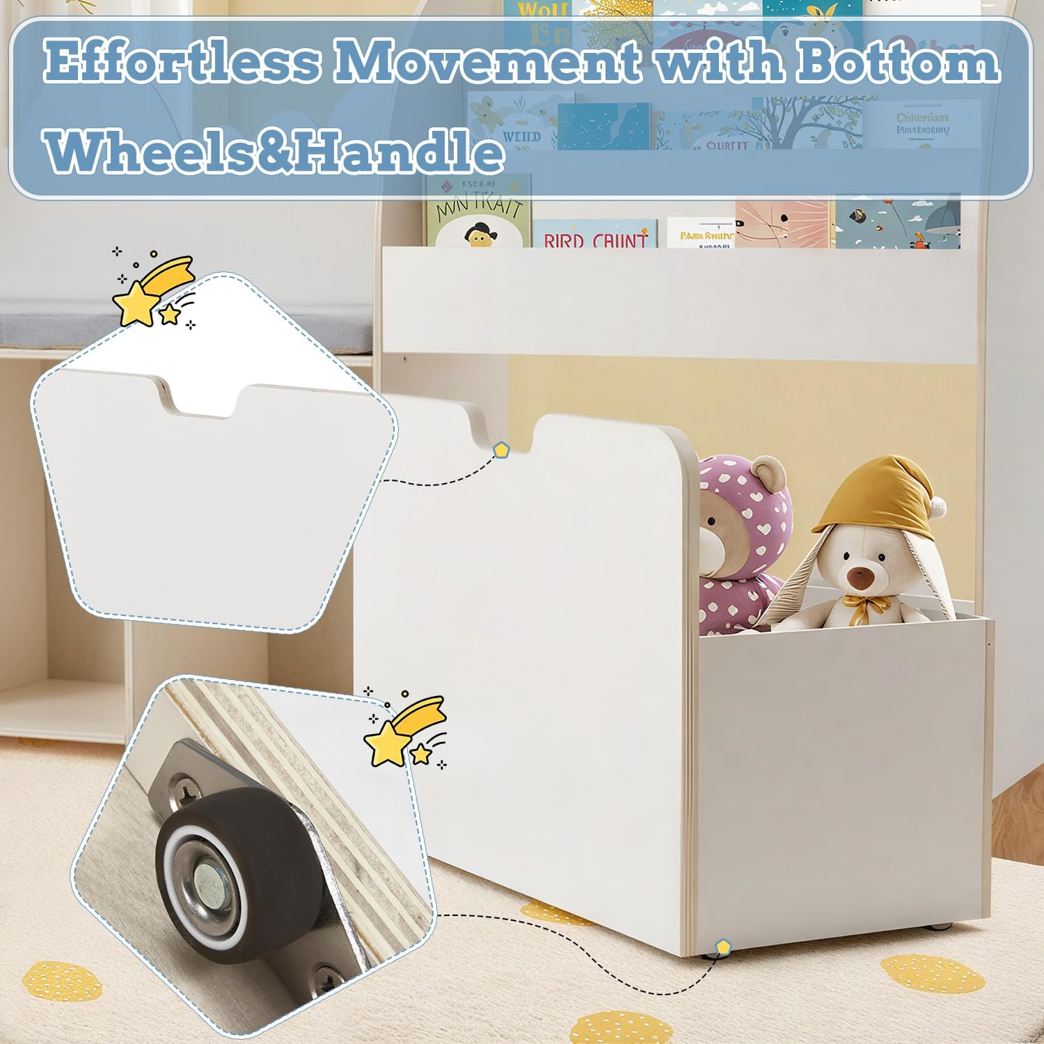 67" Kids Reading Nook with Bench, Children Toy Storage Organizer with Seat Cushion, 6 Storage Cubbies, Movable Drawers,Kid Bookshelf and Bookcase for Playroom, Bedroom, School, Ivory White