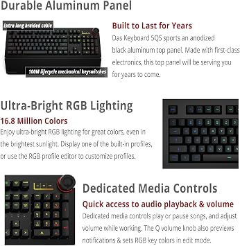 Das Keyboard 5QS Smart RGB Programmable Mechanical Keyboard for Work & Gaming, Soft Tactile Mechanical Switches, Built-in RGB Profiles, Palm Rest, Volume Knob, Aluminum Top (104 Keys, Black)