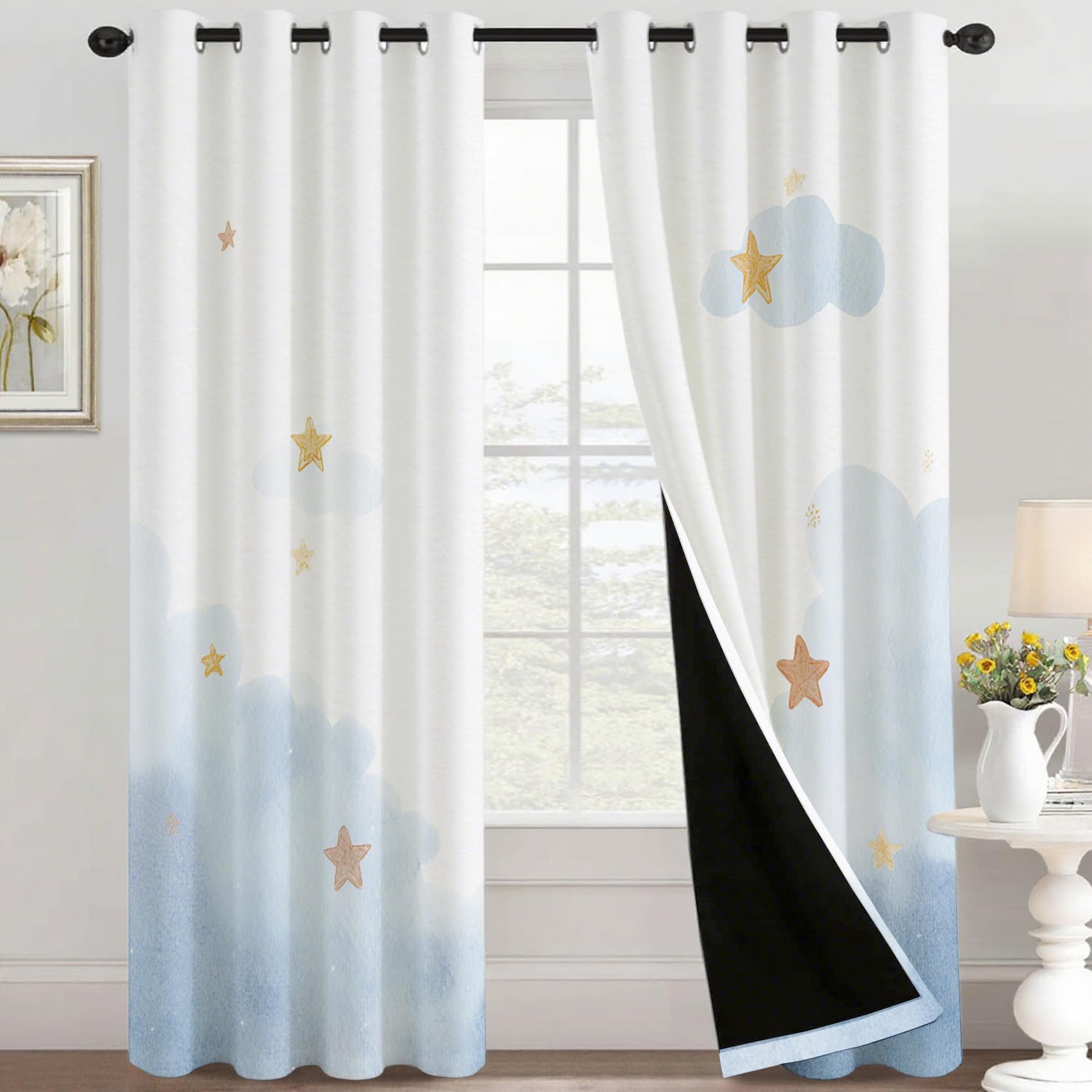 Générique Rideaux Occultants Thermique Motif étoilé Nuage, Rideau Fenetre à Oeillets Imprimé Mignon, pour Decoration Salon Chambre, 75 x 166 (LxH) 2 Pieces UD47