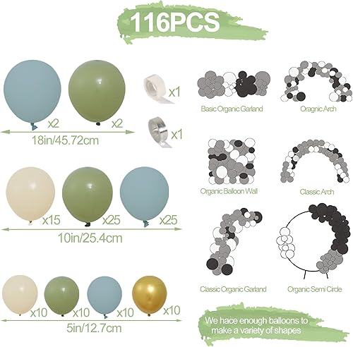 Miniatura 10 de Globos de confeti dorado verde salvia, 52 piezas de guirnalda de globos verde salvia verde oliva para cumpleaños, baby shower, boda, despedida de