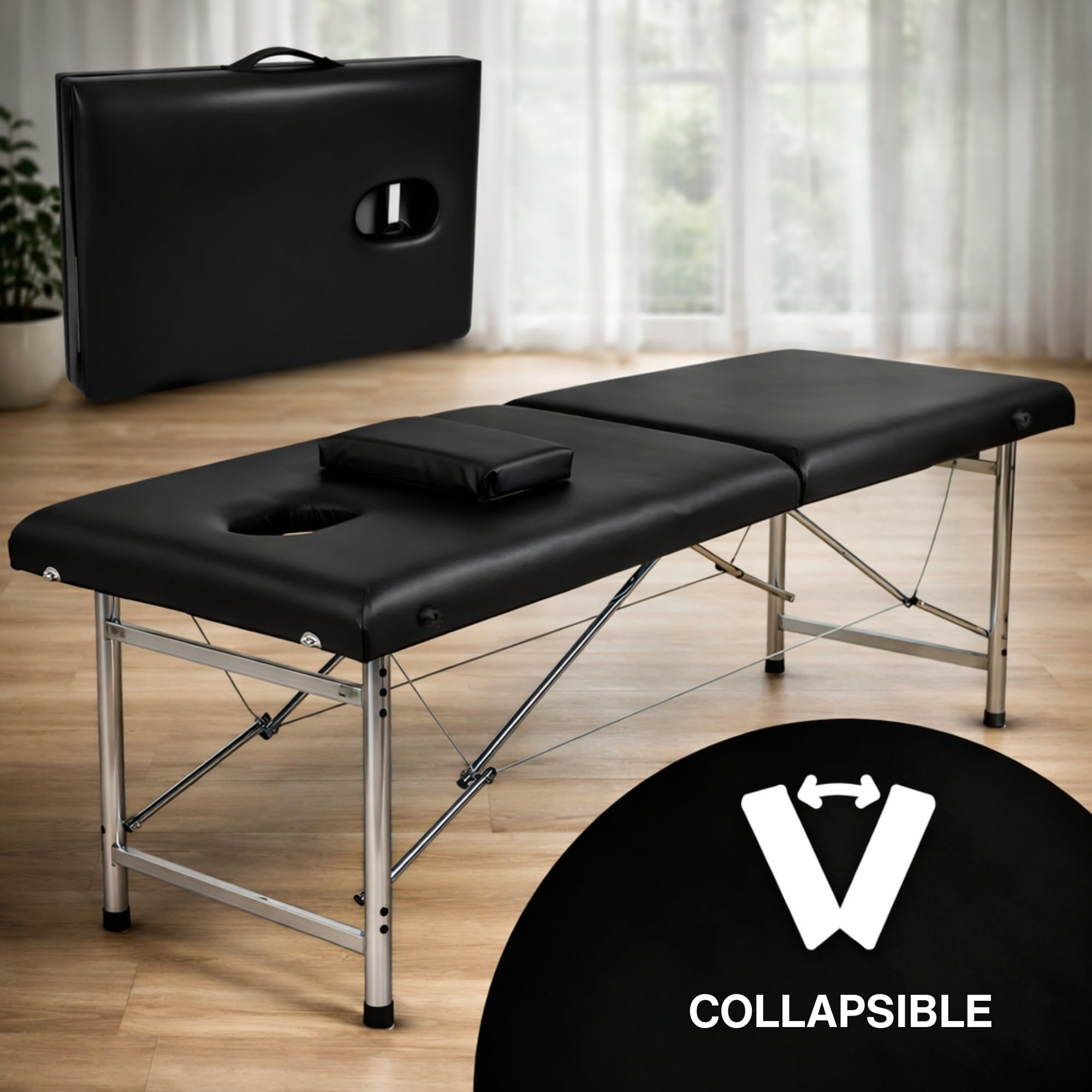Table de Massage Pliante Professionnelle Maya 2 Zones - Lit Esthétique Léger en Aluminium | Table Pliante Hauteur Réglable 60-80cm | Revêtement Cuir Synthétique avec Poignée, Noir