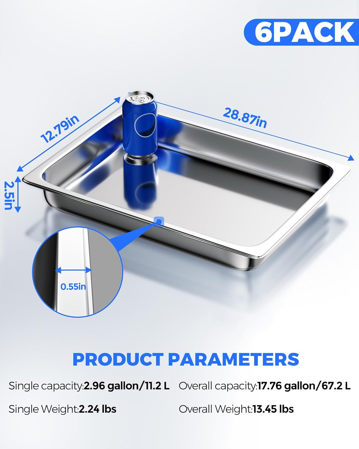 WantJoin Steam Table Hotel Pans - 1/1 Full Size 2.5 Inch Deep 6 Pack, Stainless Steel Food Storage Container Metal Tray Sets for Commercial Chafing Dishes Restaurant Buffet Catering Supplies