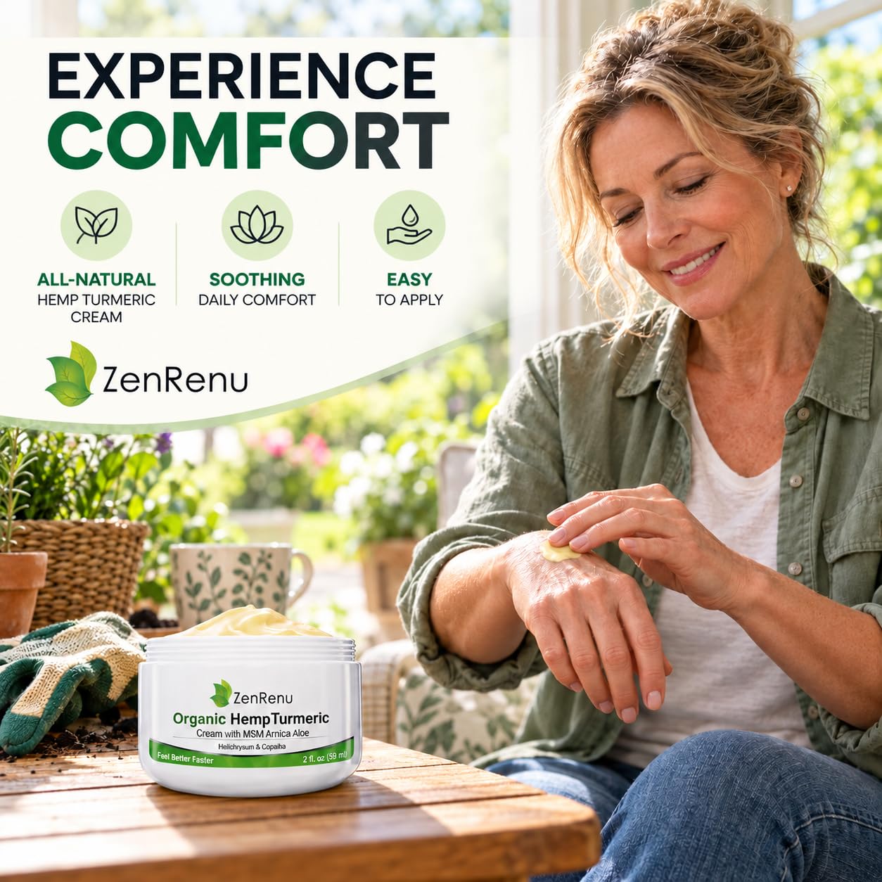 Hemp Joint & Muscle Relief Cream with Turmeric, Arnica, MSM, Hemp Oil & 7 Essential Oils - Non-Greasy & Soothing Formula for Back, Neck, Elbows, Knees, & Hip - ZenRenu, 2 oz — Amazon image 5