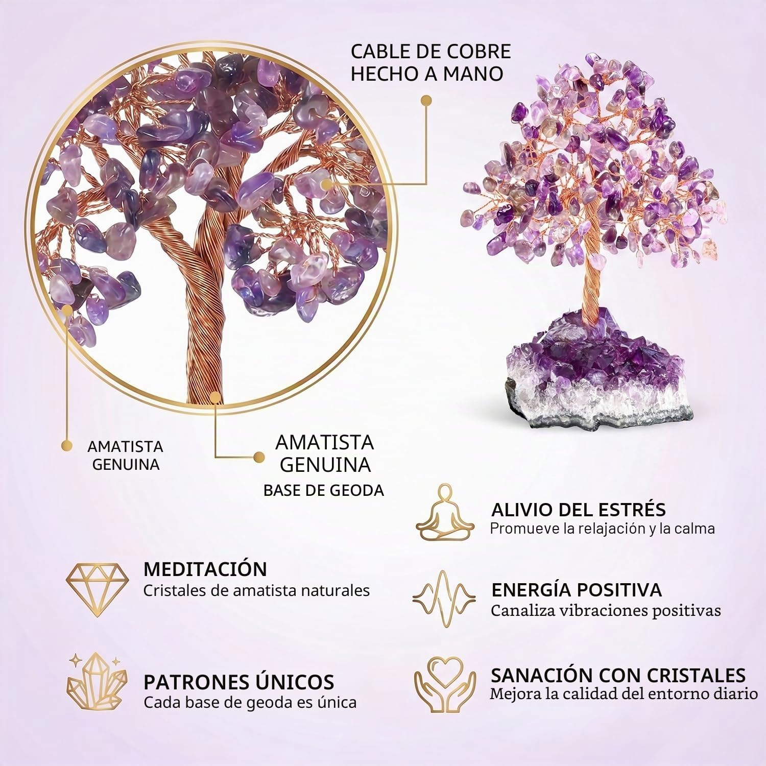 Árbol de la Vida de Amatista Natural - Árbol del Dinero de Cristal Morado para Decoración Zen, Regalo Original de Cumpleaños para Mujer, Piedra de Energía y Accesorios de Escritorio (Amatista)