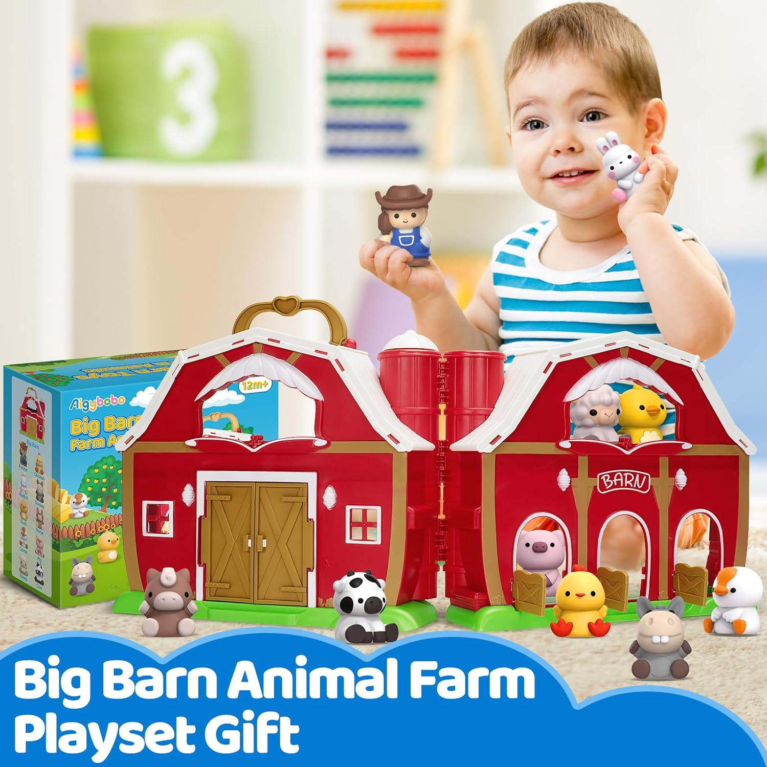 Learning Toys for 1,2,3 Year Old Toddlers, Big Barn Farm Animal Playset + Safari Animals Toy, Fine Motor Skills Montessori Learning Toys, Christmas Birthday Gift for Baby Boys Girls Age 12-18 Months