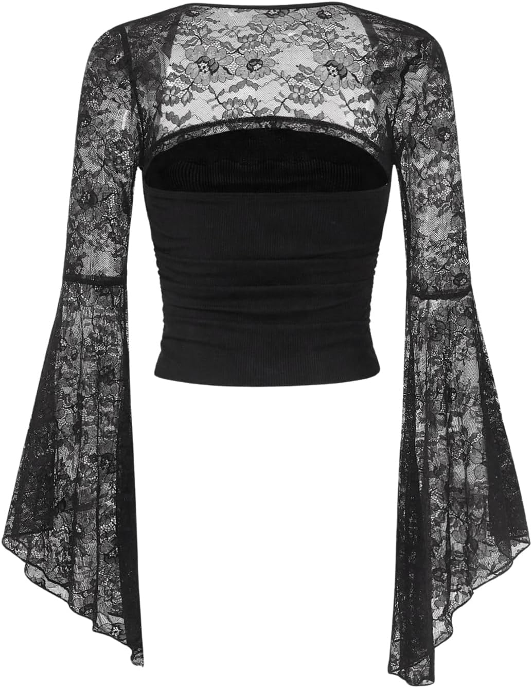Verdusa Women's Gothic Bell Sleeve Square Neck Ruched Blouse Y2K Lace Tops - Image 2