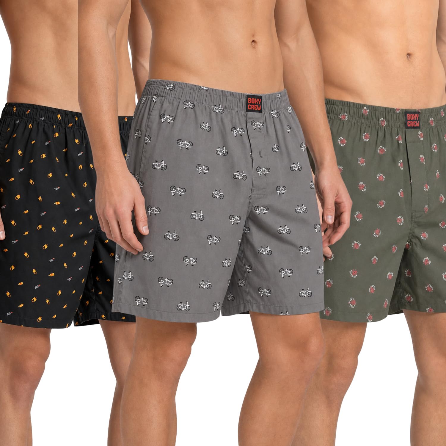 Men's 100% Cotton Printed Boxer Shorts Pack of 3 with Dual Side Pockets and Fabric-Covered Waistband - Black/Grey/Olive, Styles MBX016, MBX022, MBX026-image-28