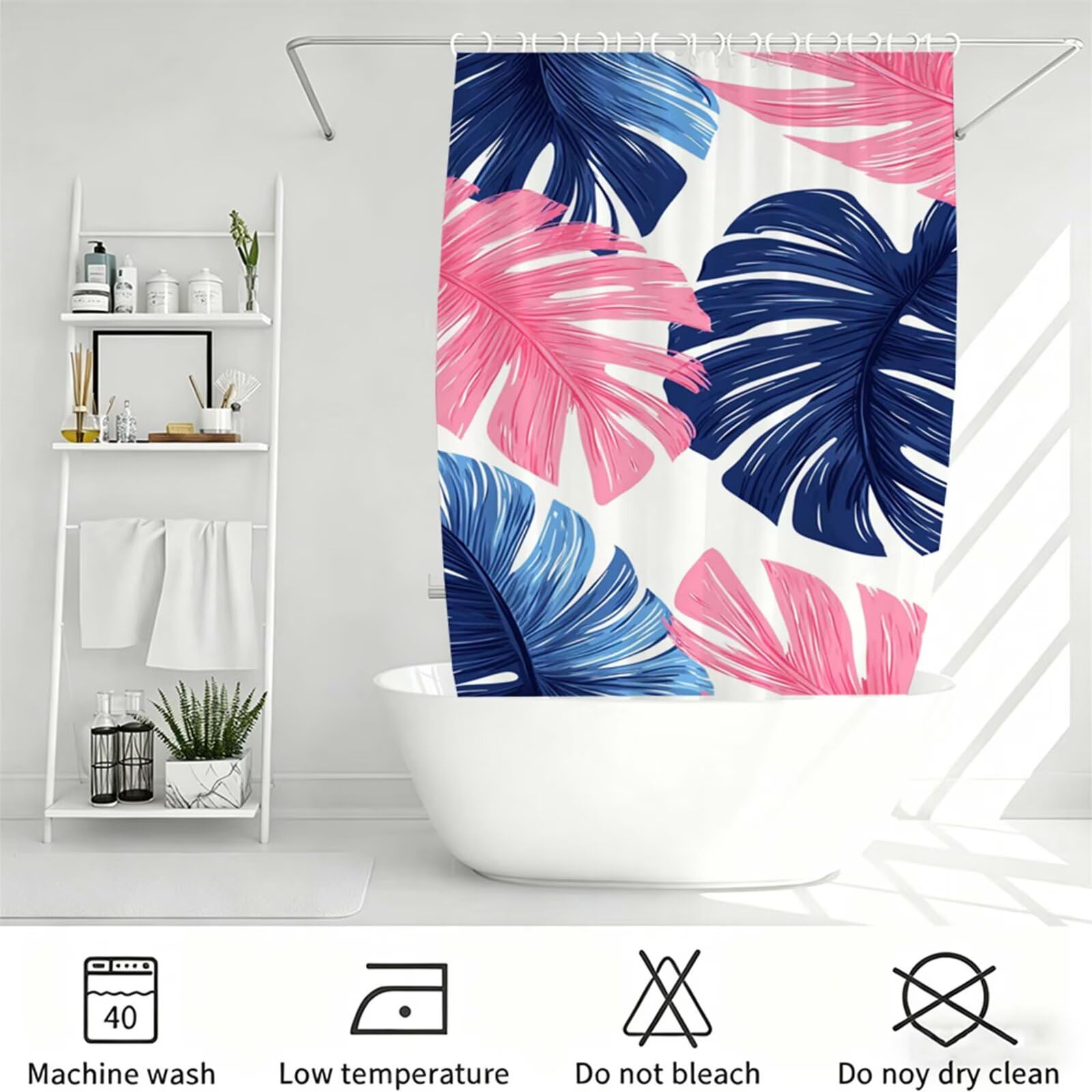 Duschvorhang 180x240cm, Duschvorhang Badewanne Hellrosa, Shower Curtain mit Ösen und 12 Duschringen, Beschwerter Saum, Maschinenwaschbar, Schnell Trocknend, Wasserdicht Polyester, Blätter J-755
