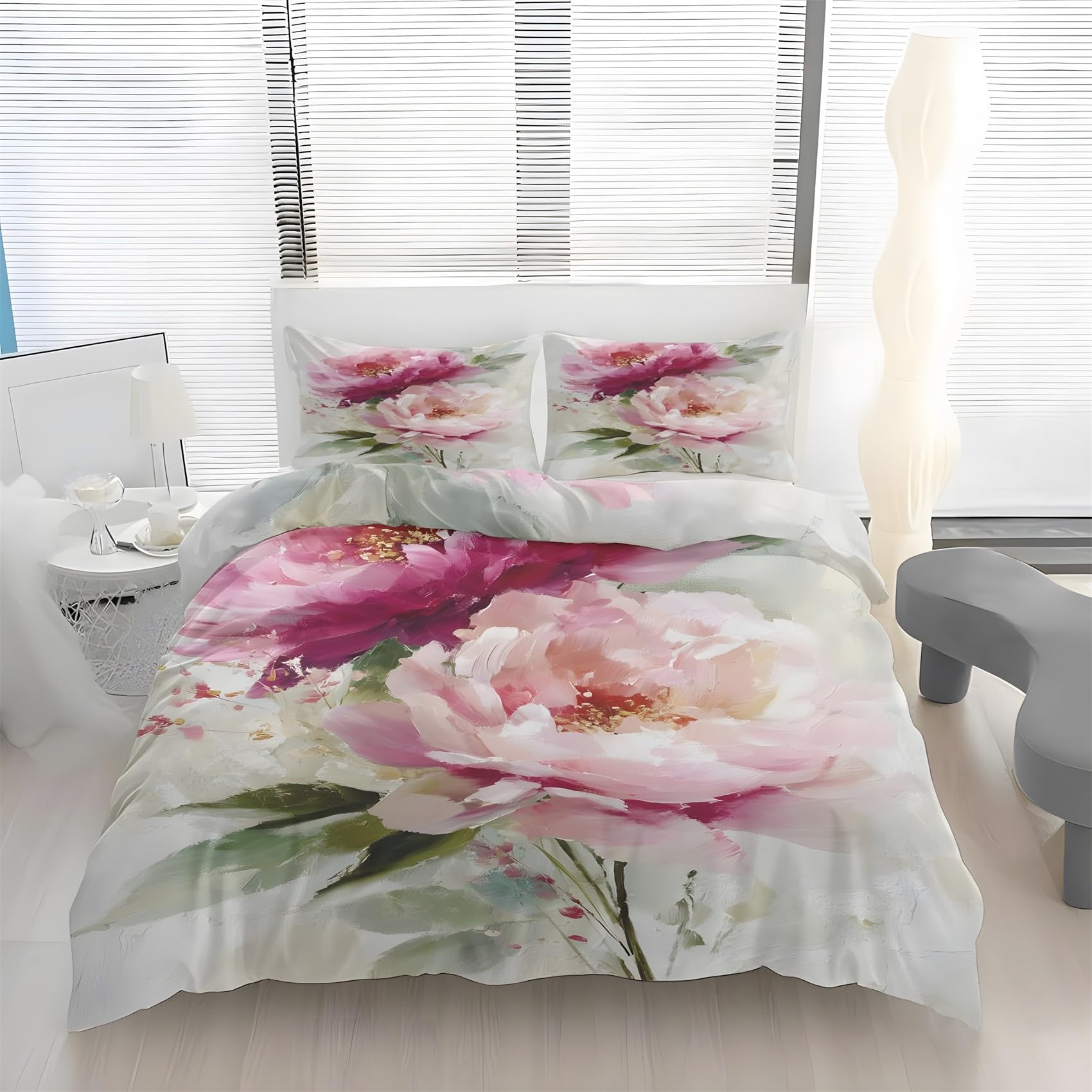 Housse de couette 200x200 pivoine rose hypoallergénique et anti-plis