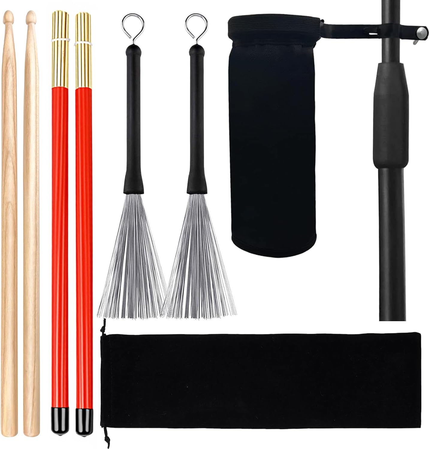Drum Sticks Kit - 3 Pairs DrumSticks with Clamp-On Bag, 5A, Retractable Drum Brushes, Rods Drum Brushes, Percussion Instrument Accessories for Cajon Jazz Folk Acoustic