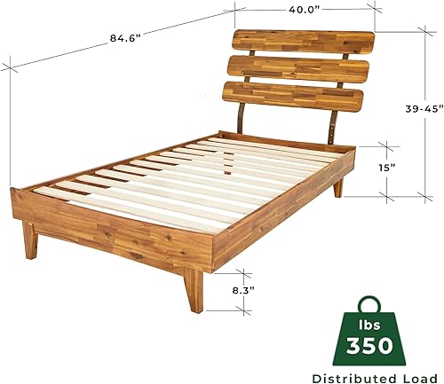 Miniatura 2 de Bme Caden - Base de cama de 15 pulgadas con cabecera ajustable, estilo retro de mediados de siglo, con madera de acacia, no necesita somier, 12