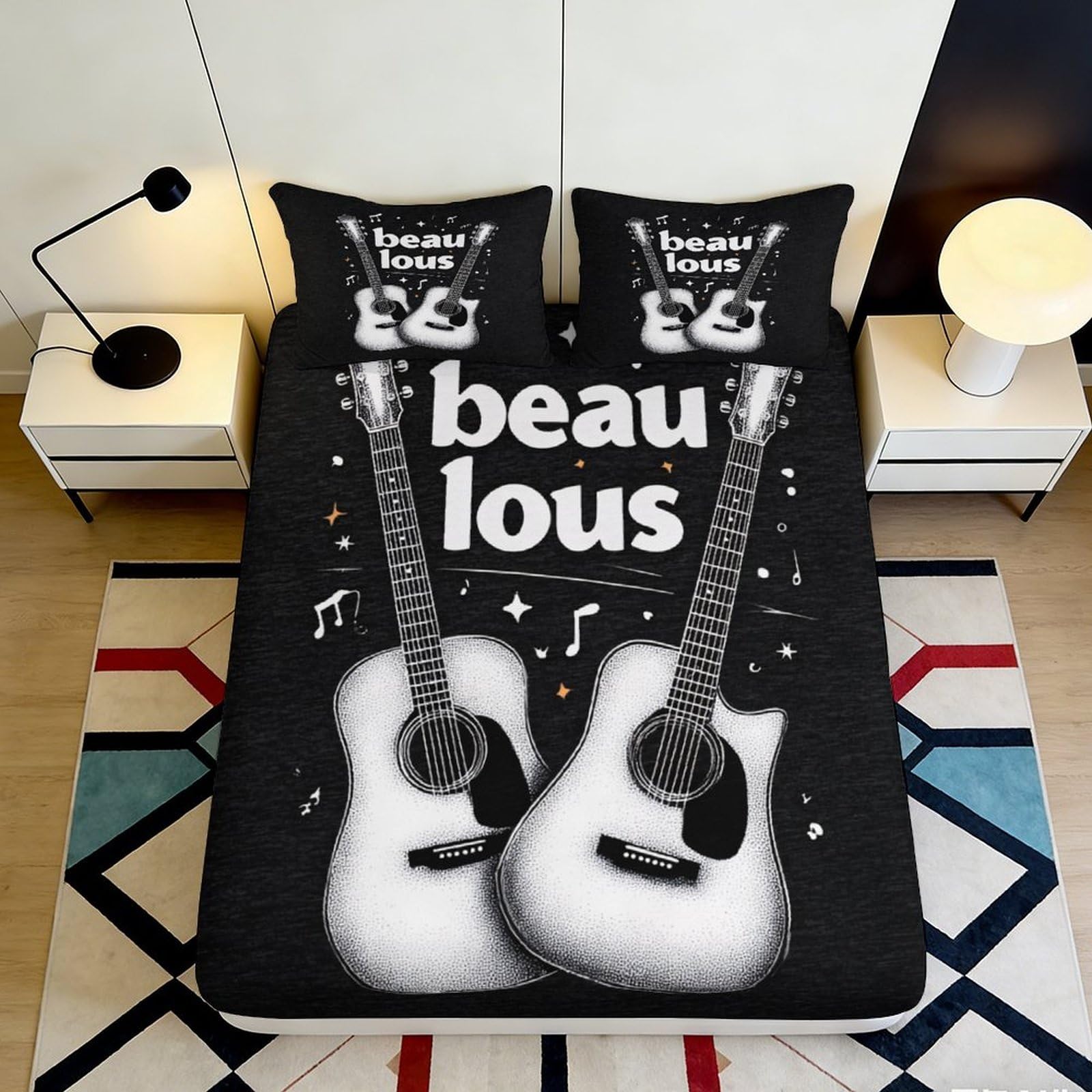 Pnayamiorkfel Style-10 3D Printed Black Guitar Fitted Sheet Microfiber Soft Music Note Bed Cover For Bedroom Guest Room Dorm Decor 90X200x25cm