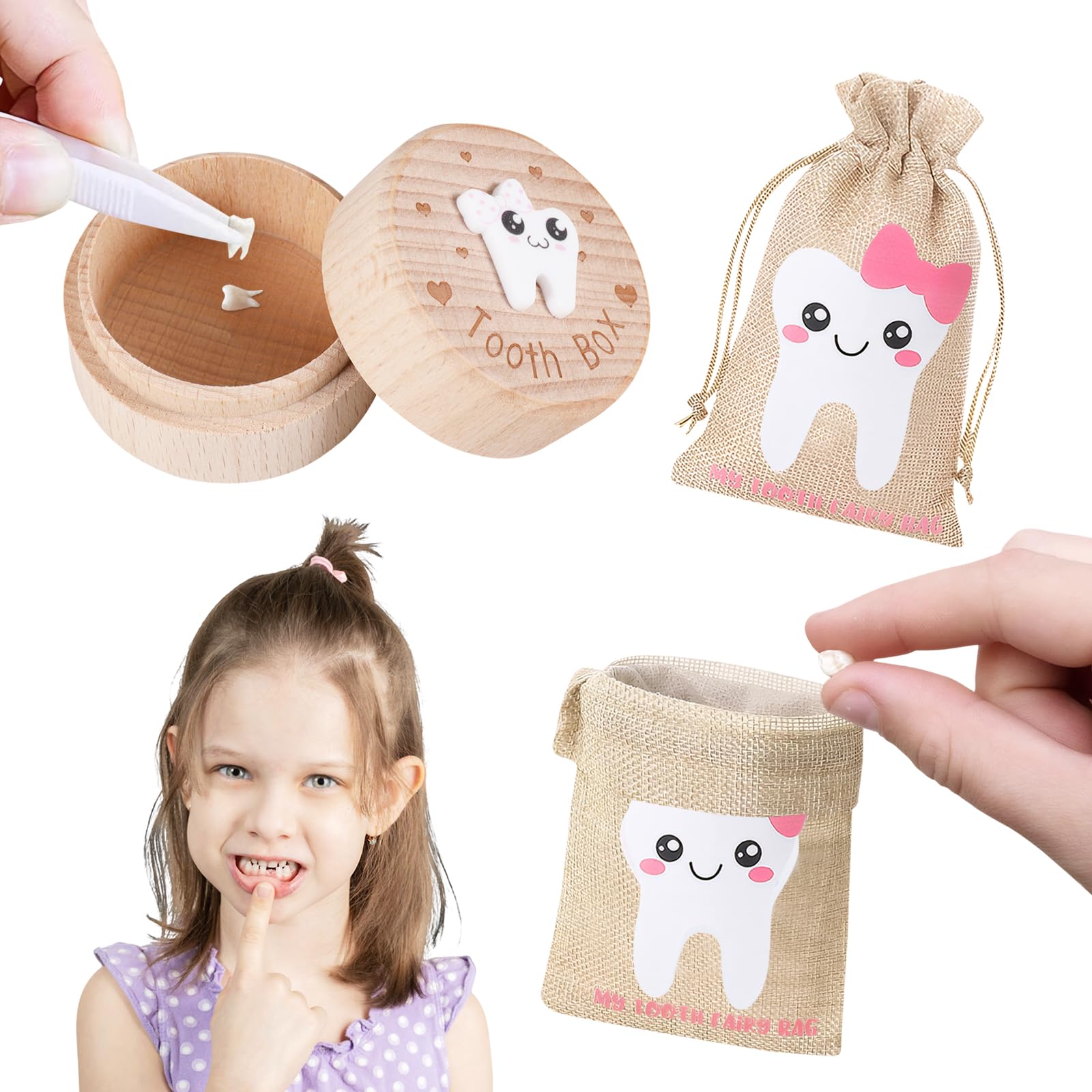 SIWOKJJO Tooth Fairy Box, Tooth Fairy Bag for Girls, Girl Keepsake Organizer, Lost Teeth Holder Box, Tooth Storage Box, Cute Wooden Tooth Fairy Keepsake