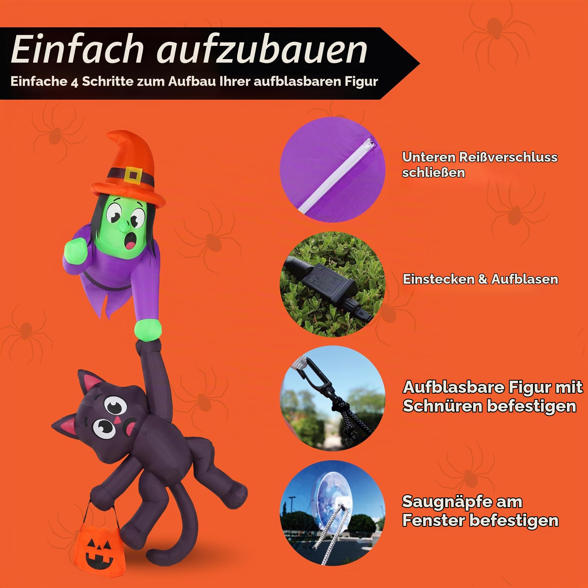 JOYIN 2,44 m hohe aufblasbare Halloween-Dachdekoration, Hexe und Schwarze Katze, aufblasbare Dekoration mit LED-Lichtern, riesige aufblasbare Halloween-Artikel für den Außenbereich, Hof