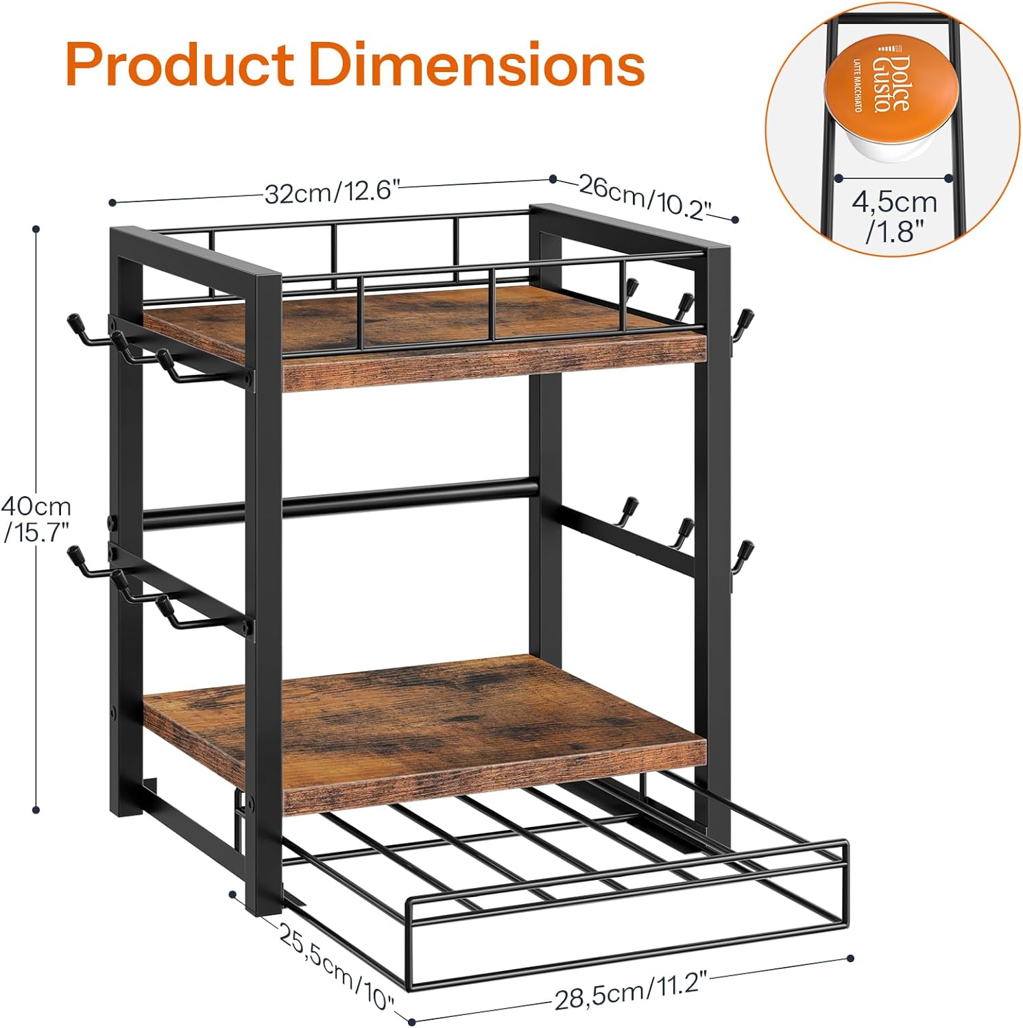 HOOBRO Bakers Rack and Coffee Mug Cup Holder Bundle, Coffee Bar Table with 6 S Hooks, 12 Hooks Mug Stand Rack with Sliding Drawer for 30 K-Cup Pods, BF15UHB01G1-BF11TL01