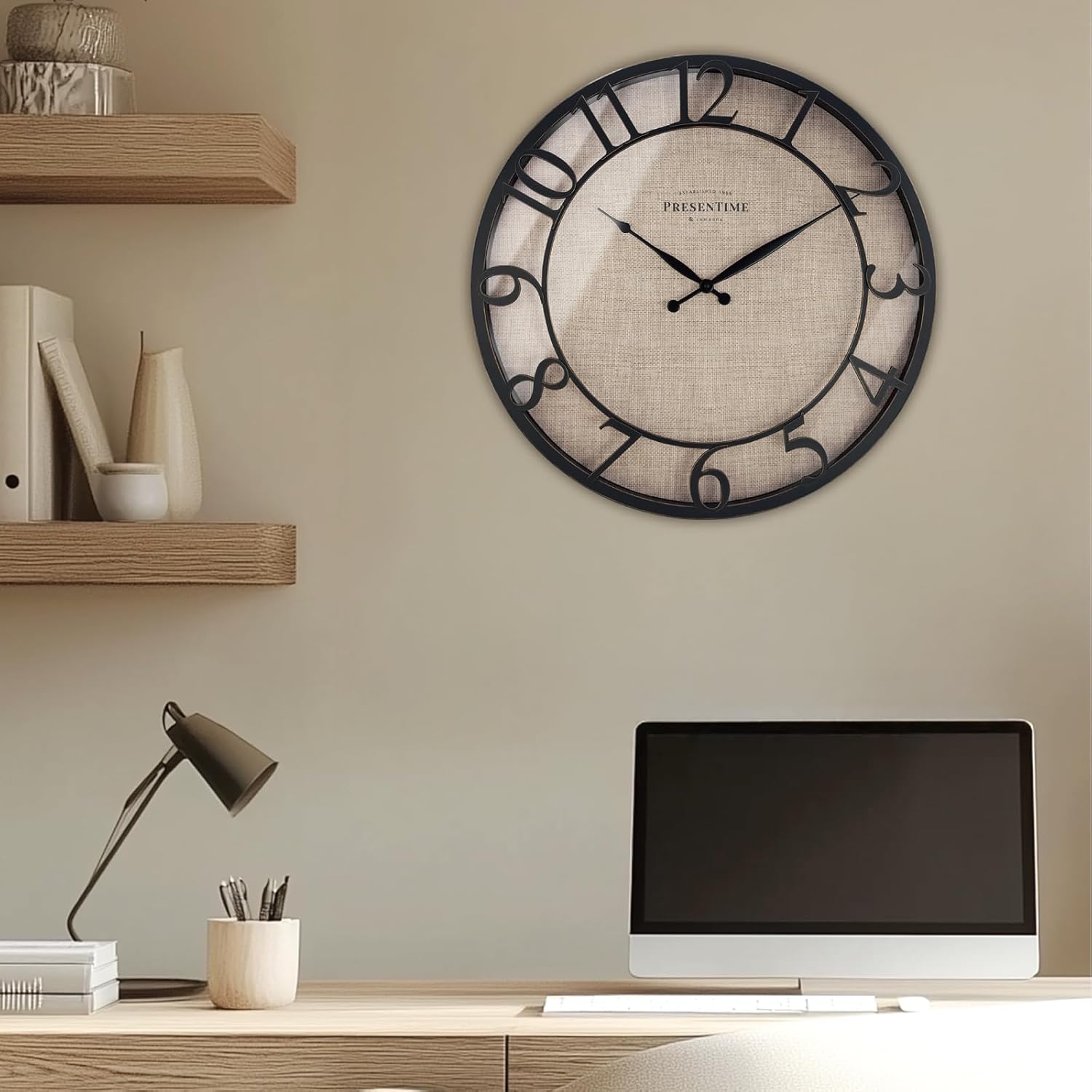 Presentime & Co 21" Farmhouse Series Wall Clock, Cottage Style, Faux Burlap, Oil Rubbed Antique Bronze Finish. Wall Décor for Living Room, Dining Room, and entryway.