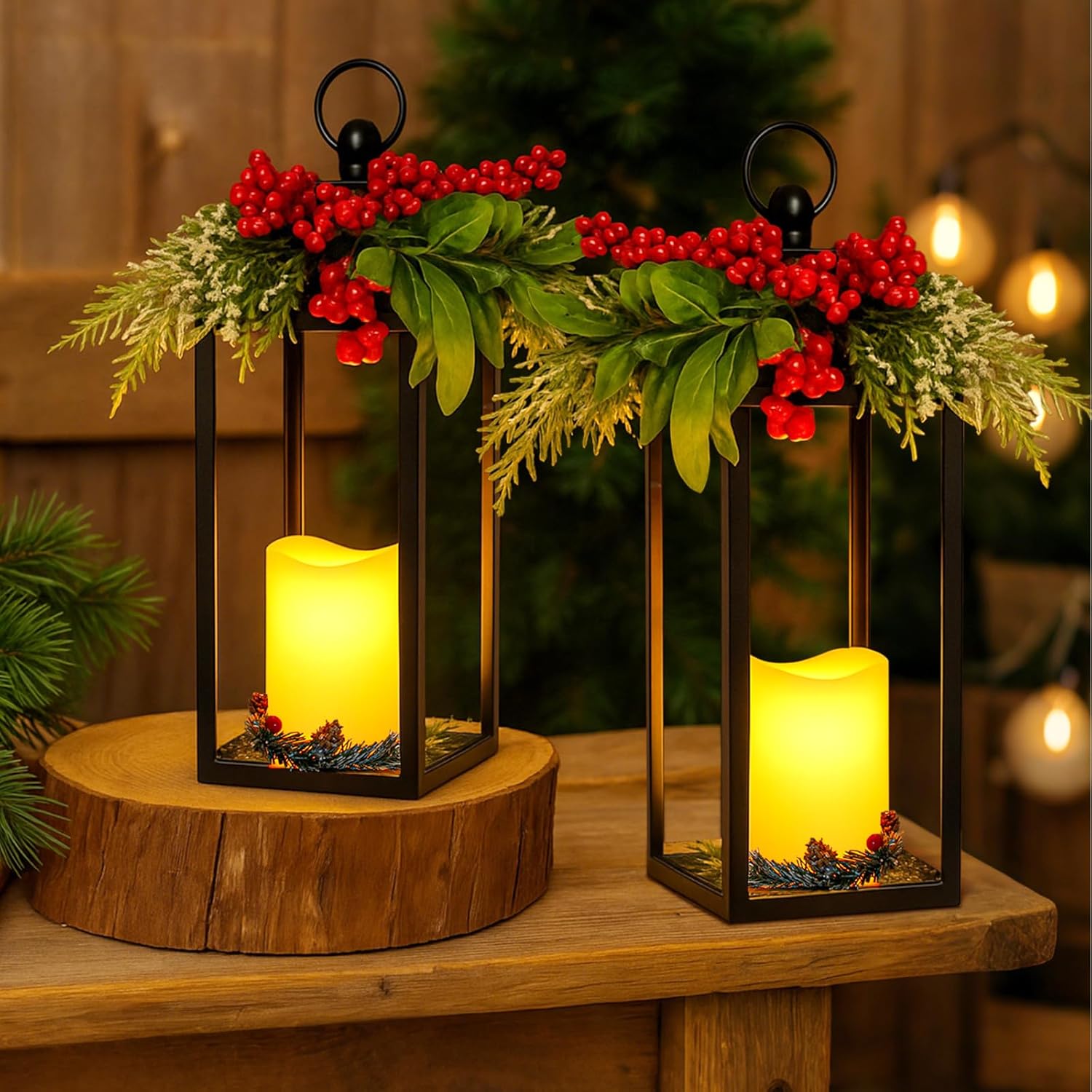 2 Pcs Metal Black Christmas Lantern with Flameless Candle 12'' and 15'' Red Berries Modern Farmhouse Flickering LED Candles for Living Room Home Indoor Outdoor Table Fireplace Mantle Decor