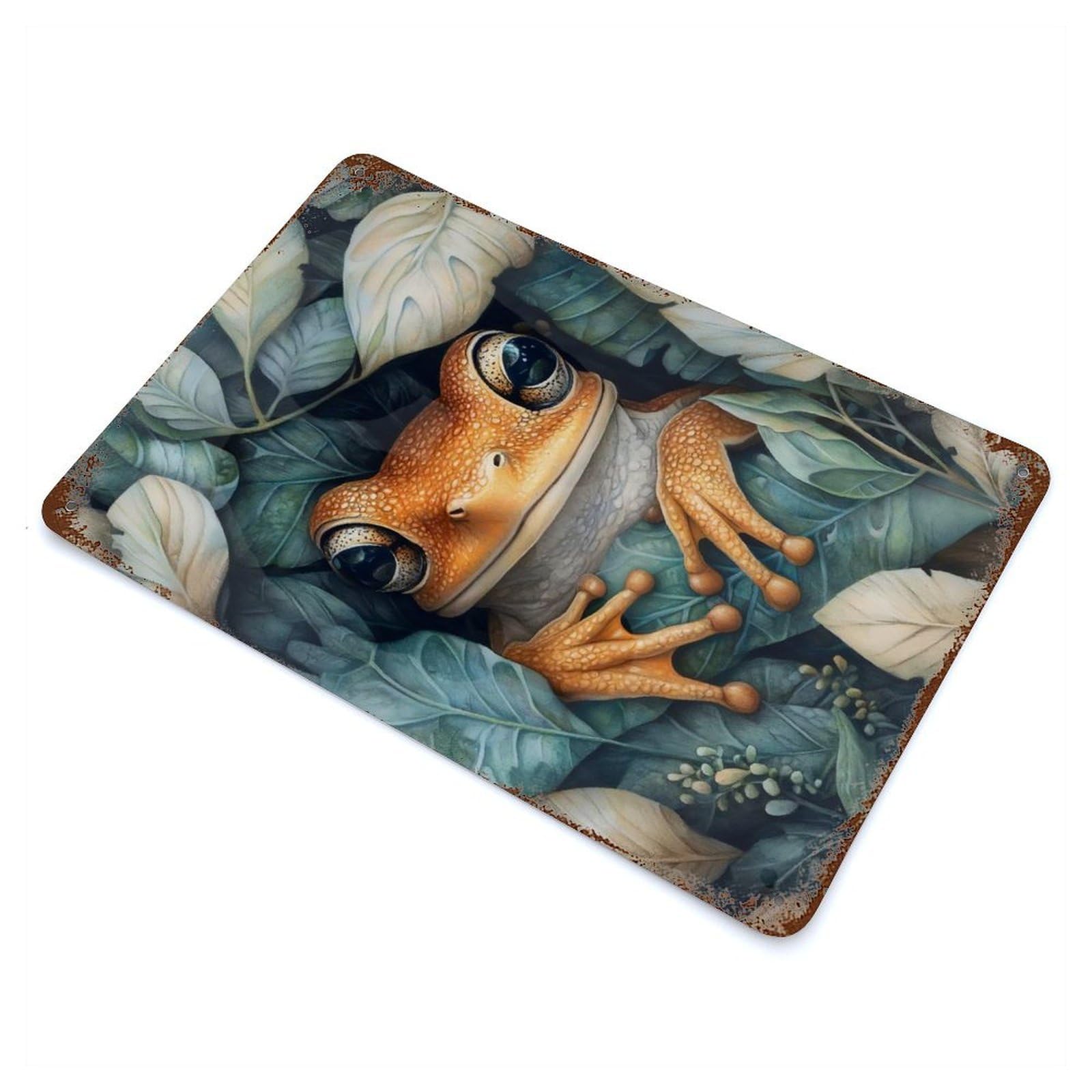 Frog in Leaves 11.8"x7.9" Rusty Metal Tin Sign, Farmhouse Wall Decor for Office, Studio And Wall Decor