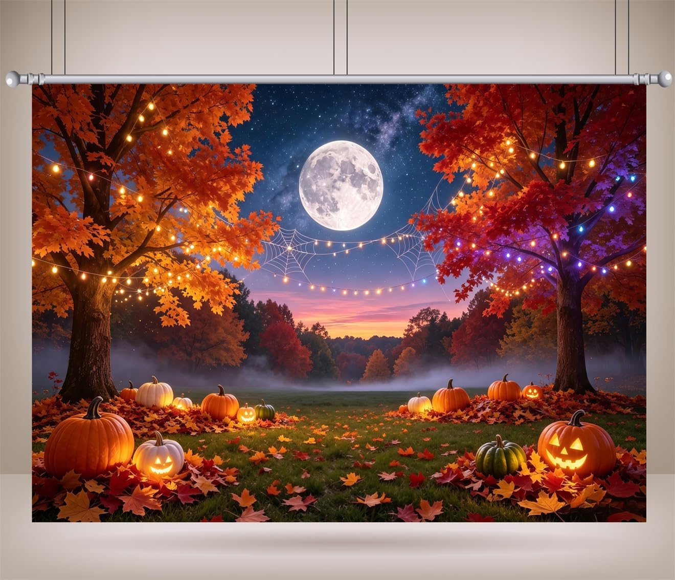 12x8FT (3.6x2.5m) Parco Autunnale Al Chiar Di Luna Sfondo Fotografico | Vista Halloween Tra Due Alberi Fondale In Tessuto,Luna Piena Lampadine,Per Feste Halloween E Foto In Costume,Photo Booth