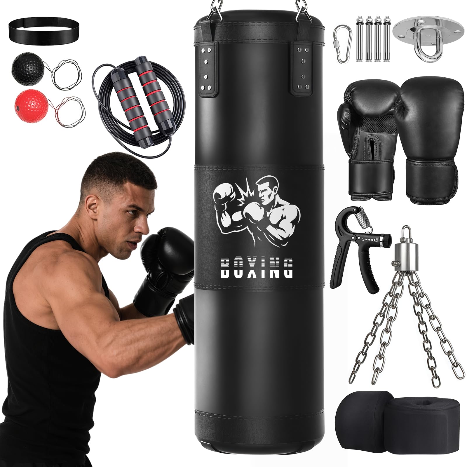 Sac de Frappe Adultes, Qoosea 120cm Lourd Sac de Boxe avec Gants et Bandage de Boxe, Suspension Punching Ball pour Entraînement de Kickboxing, MMA Karaté Taekwondo Idéal Cadeau- Non Rempli