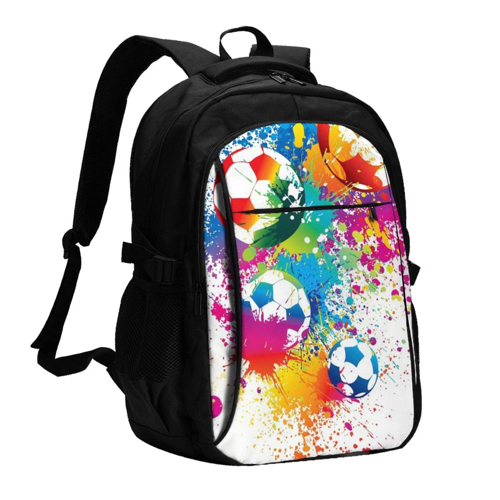InOmak Schizzi di colore su tutto il pallone da calcio, Zaino da viaggio casual per laptop con porta di ricarica USB per uomo e donna