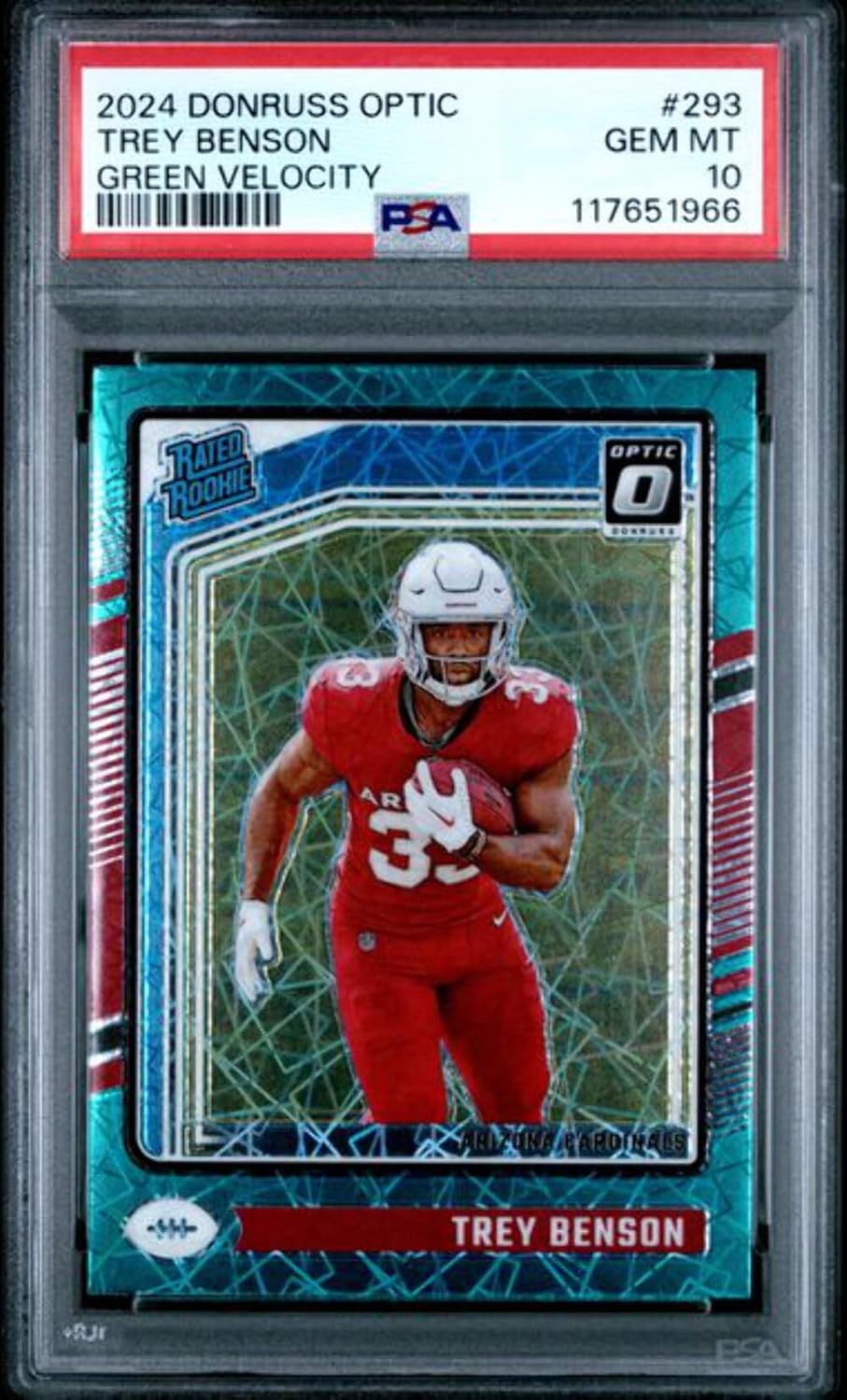 Graded 2024 Panini Donruss Optic Trey Benson #293 Green Velocity Rookie RC Football Card PSA 10 Gem Mint