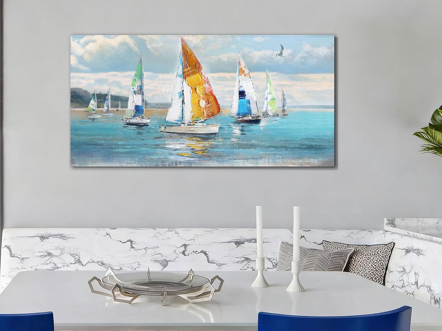 Ardemy Sailboat Wall Art Blue Abstract Canvas Art Nautical Textured Artwork Ocean Picture Wall Decor, Large Coastal Painting for Living Room Bedroom Home Office, 40"x20"