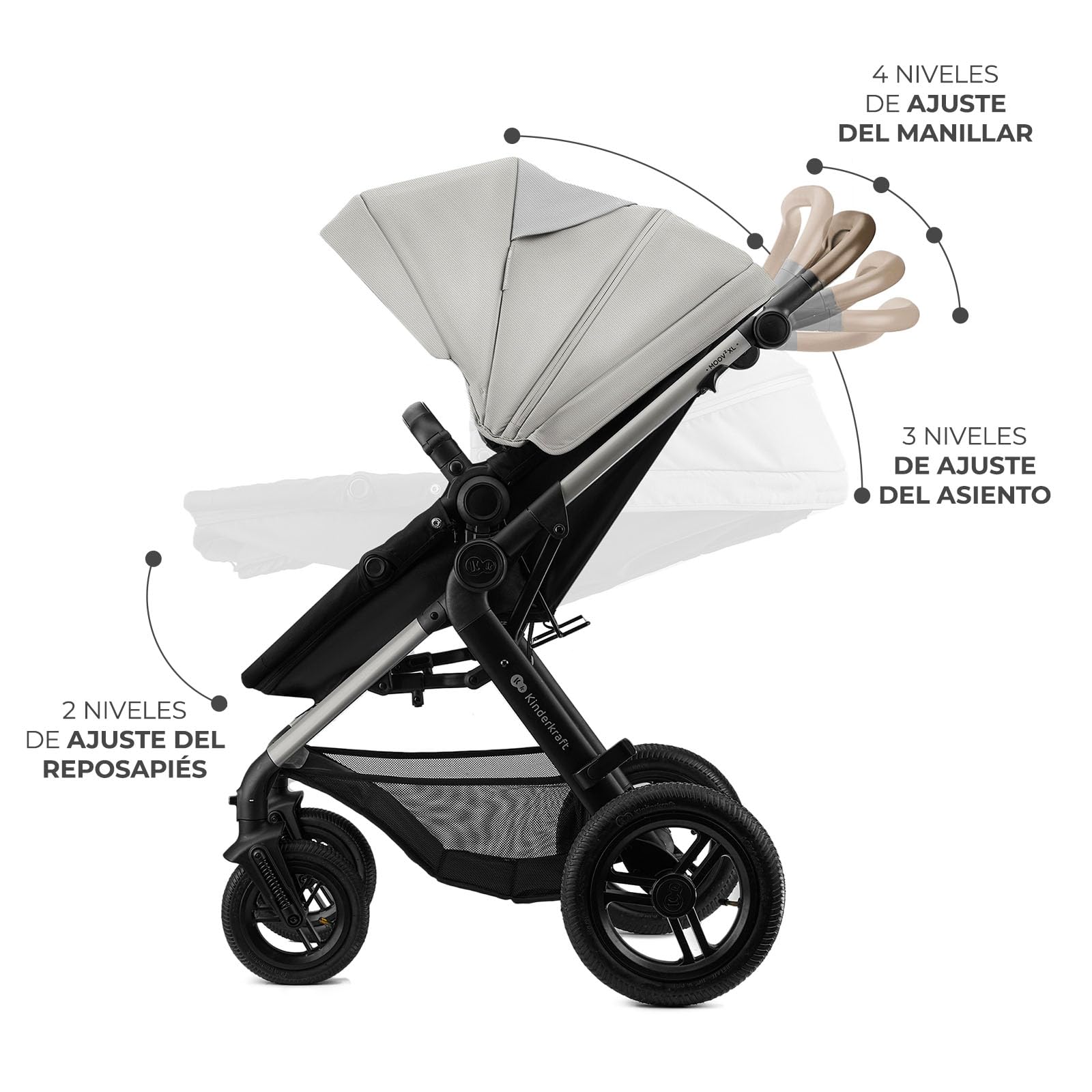 Kinderkraft MOOV XL 3 en 1, Carrito bebé hasta 27 kg, Carro, Con Asiento I-SIZE 40-75 cm, Plegable, Amortiguación, Convertible, Capazo XL, Con accesorios, Gris Claro