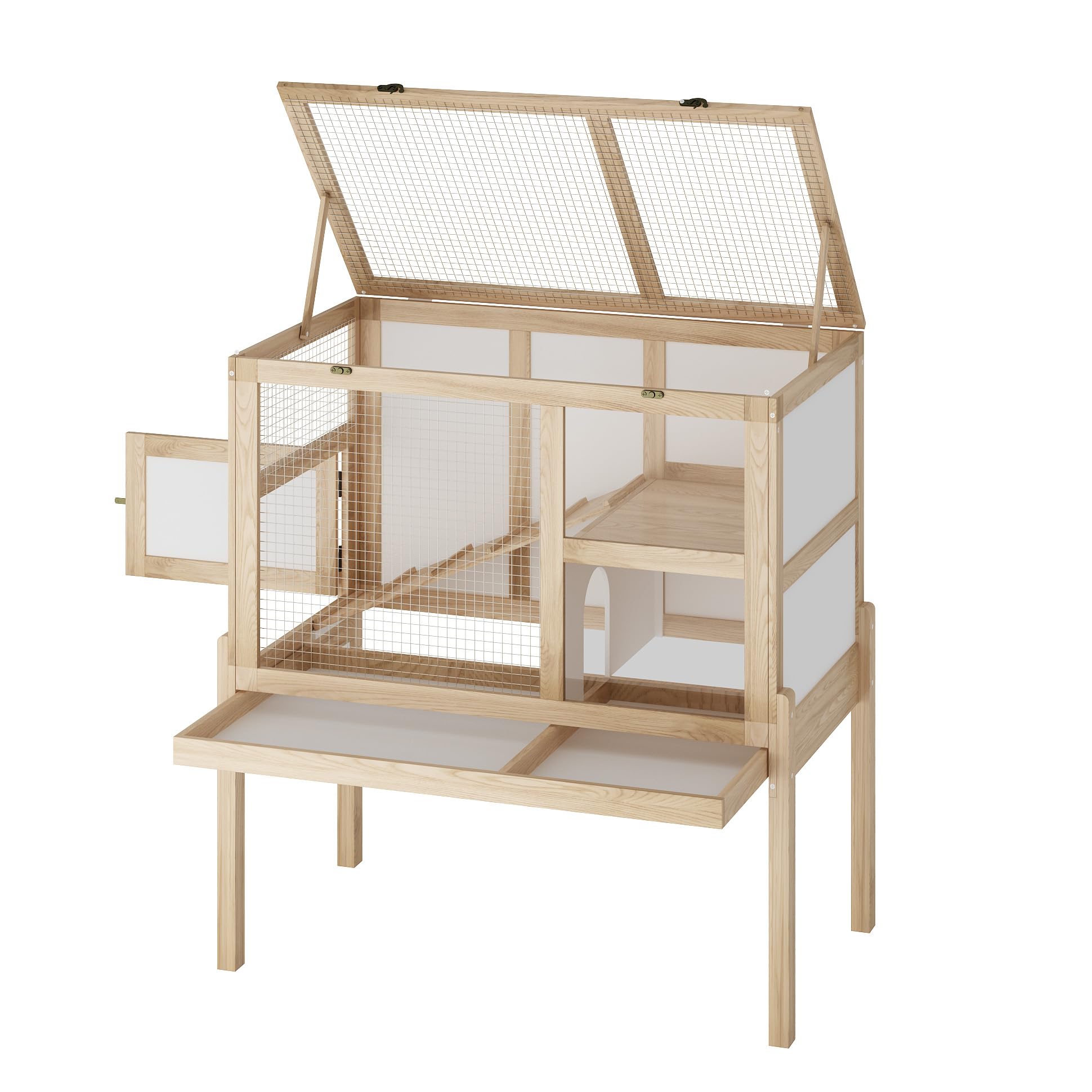 Guinea Pig House for 2 with Stand, Small Animals Rabbit Cages with a Pull Out Tray, Wooden 2-Story Indoor Large Hamster Habitat Playpen with Ramp, Hideout, Platform