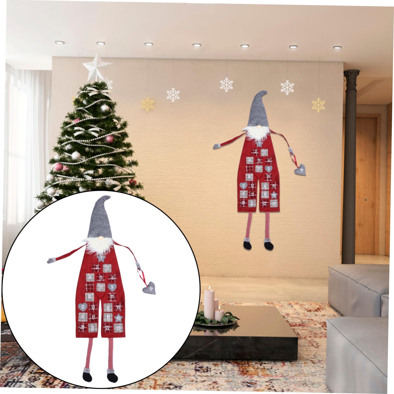 Calendario Avvento Natalizio Bambola Folletto Rosso in Lino e Lana Artificiale, Decorazione da Appendere per Conto alla Rovescia di Natale in Ingresso o Hall