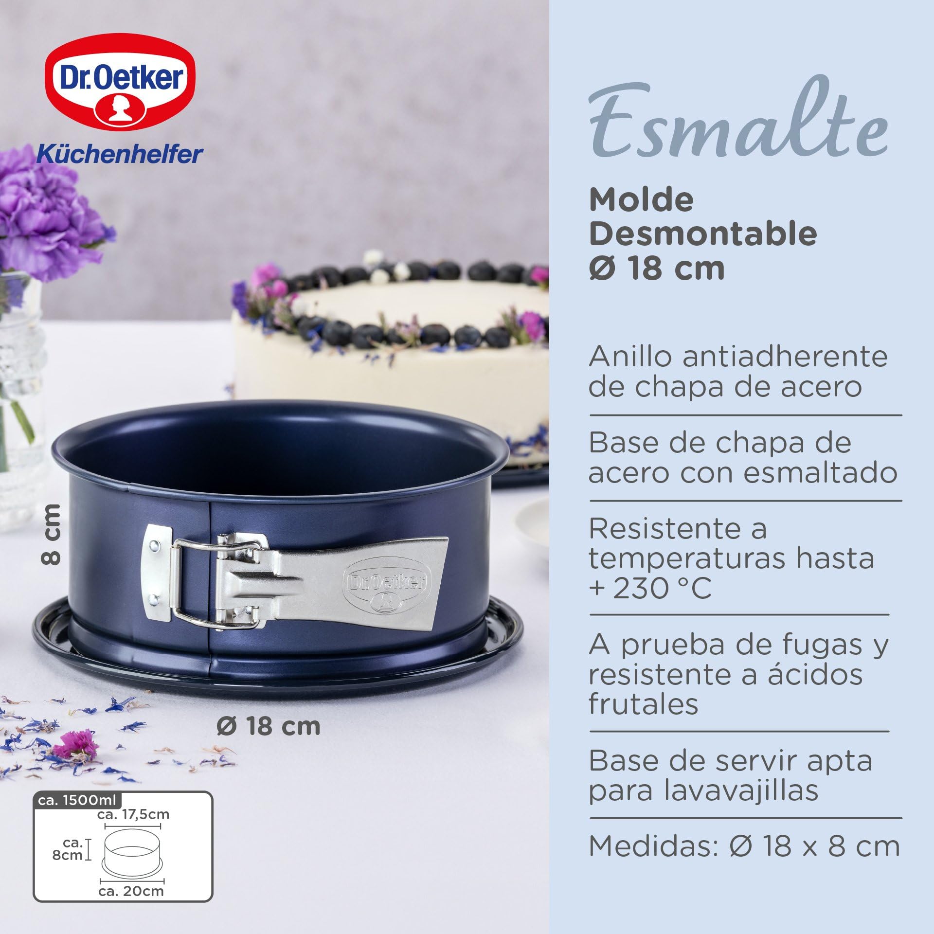 Dr. Oetker Molde desmontable de 18 cm de diámetro, molde para tartas redondas, base esmaltada resistente a cortes y arañazos, con protección contra fugas (color: azul), cantidad: 1 unidad