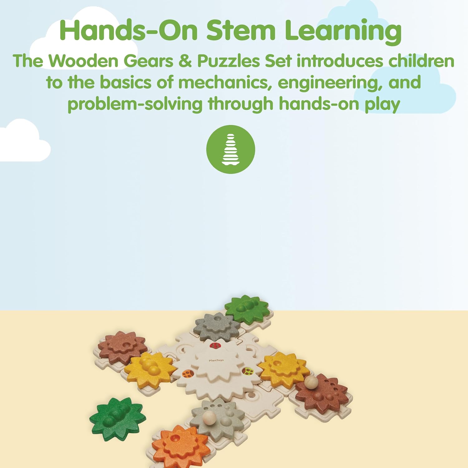 PlanToys® Wooden Gears & Puzzles Set | Montessori STEM Educational Toy | Wooden Gear Building Puzzle for Logical Thinking image 2