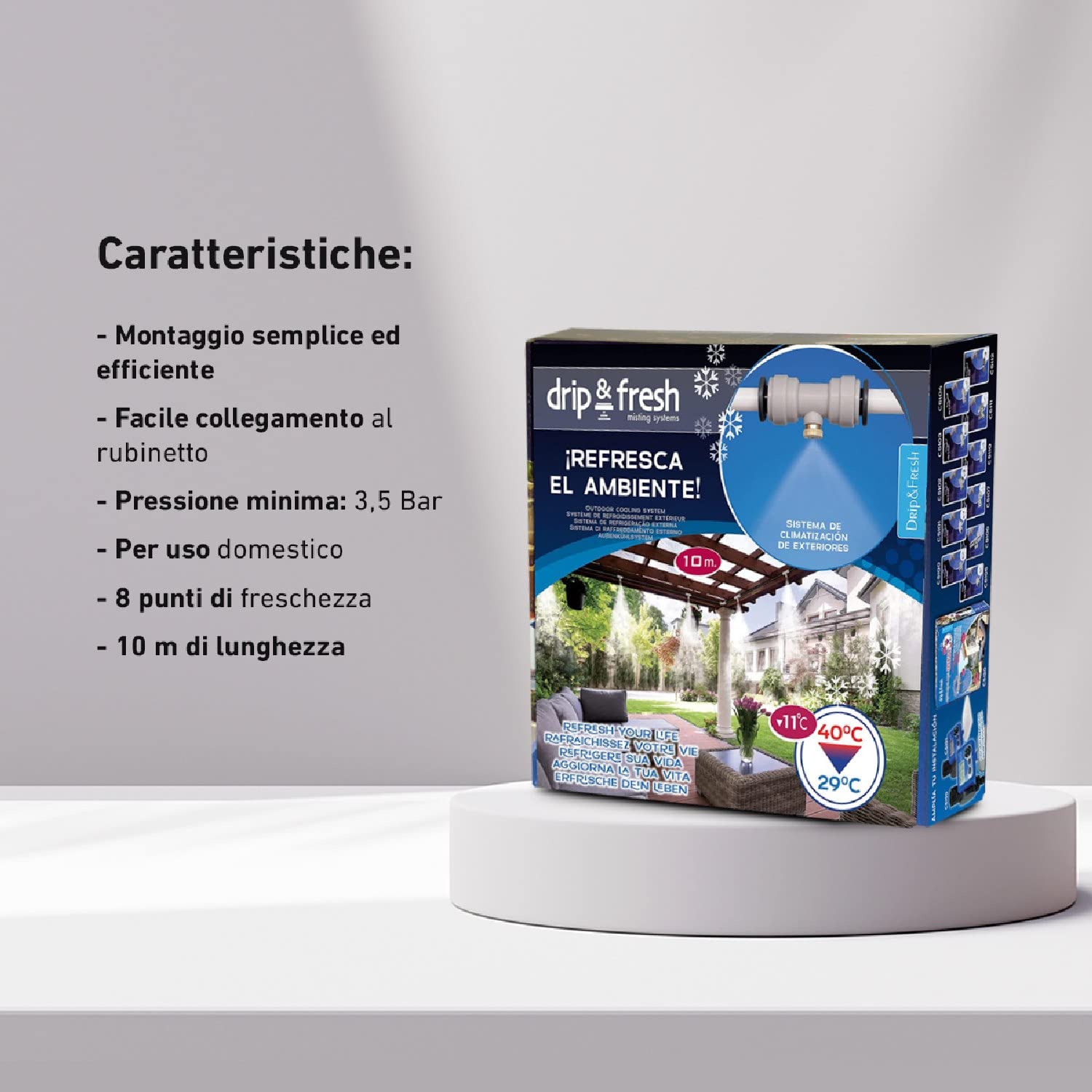 Drip & Fresh C5115N - Kit di Nebulizzazione per Climatizzare Il Cortile o la Terrazza - 8 Punti di Freschezza, Lunghezza 10 m