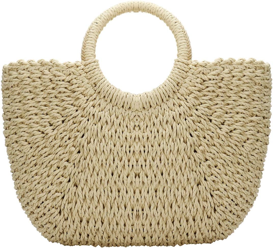 YYW Straw Bags for Women,Hand-woven Straw Large Bag Round Handle Ring Tote Retro Summer Beach Rattan bag