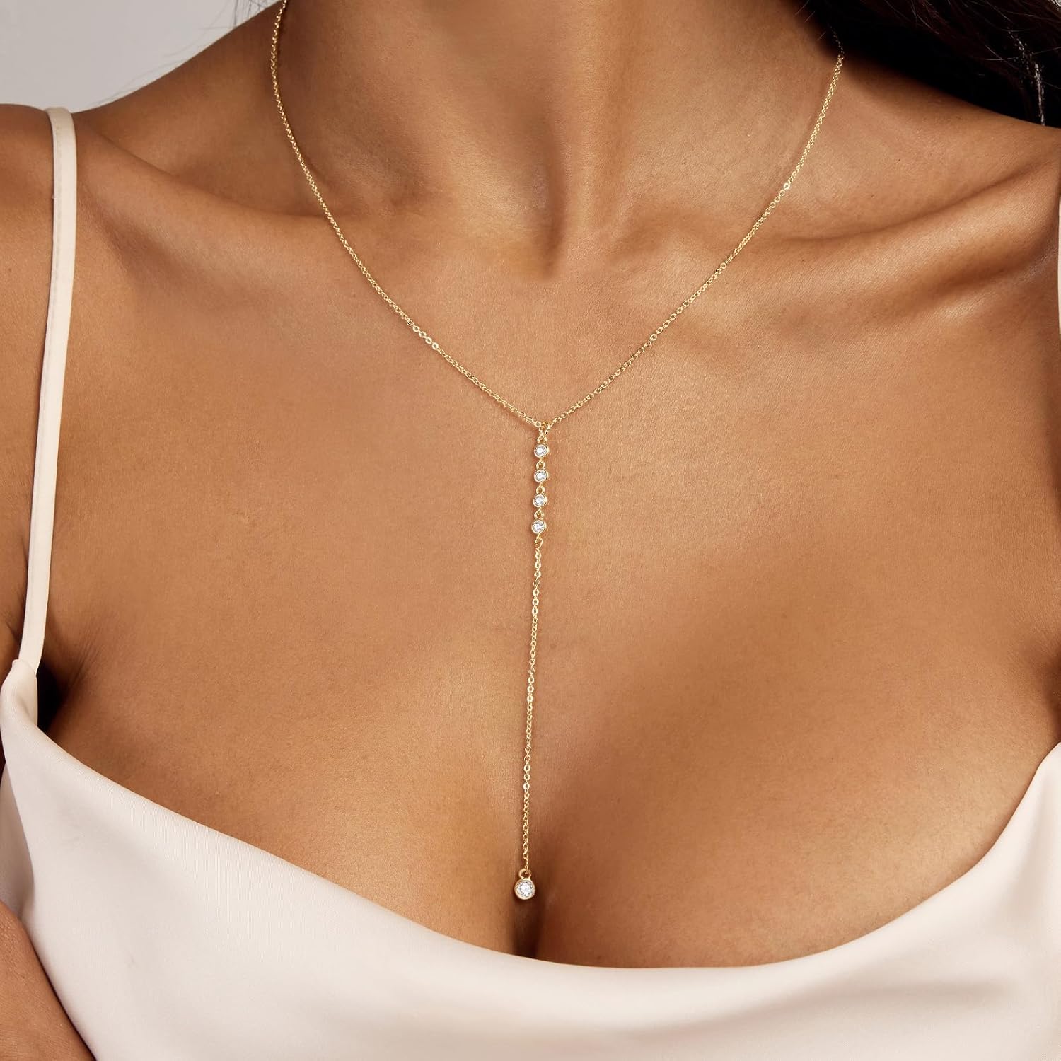 Lariat Silver/Gold Necklace for Women 925 Silver/14K Gold Plated Dainty Long Necklace Y-Shaped Drop Pendant Necklaces Choker Trendy Chain Simple Layered Necklaces CZ Jewelry for Women Set Gift - Image 2