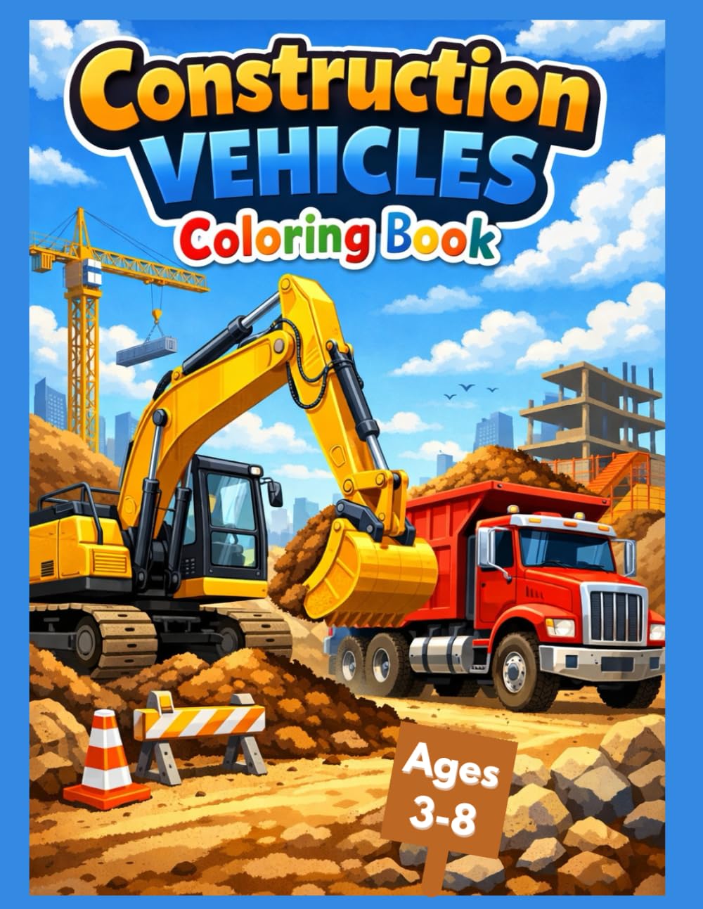 Construction Vehicles Coloring Book for Kids Ages 3-8: Big Trucks, Diggers, and Cranes for Boys & Girls