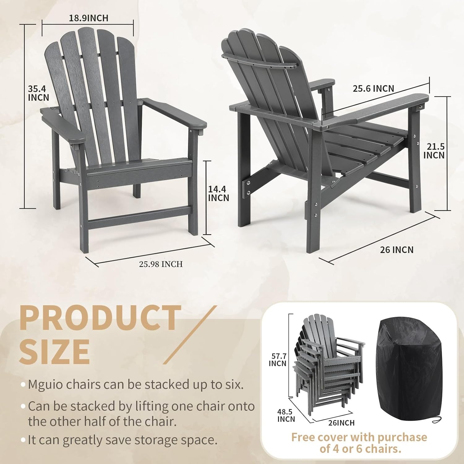 Stackable Adirondack Chairs Set of 6, Space Saving HDPE All-Weather Fire Pit Chair with Cover for Outdoor Lawn Porch Deck