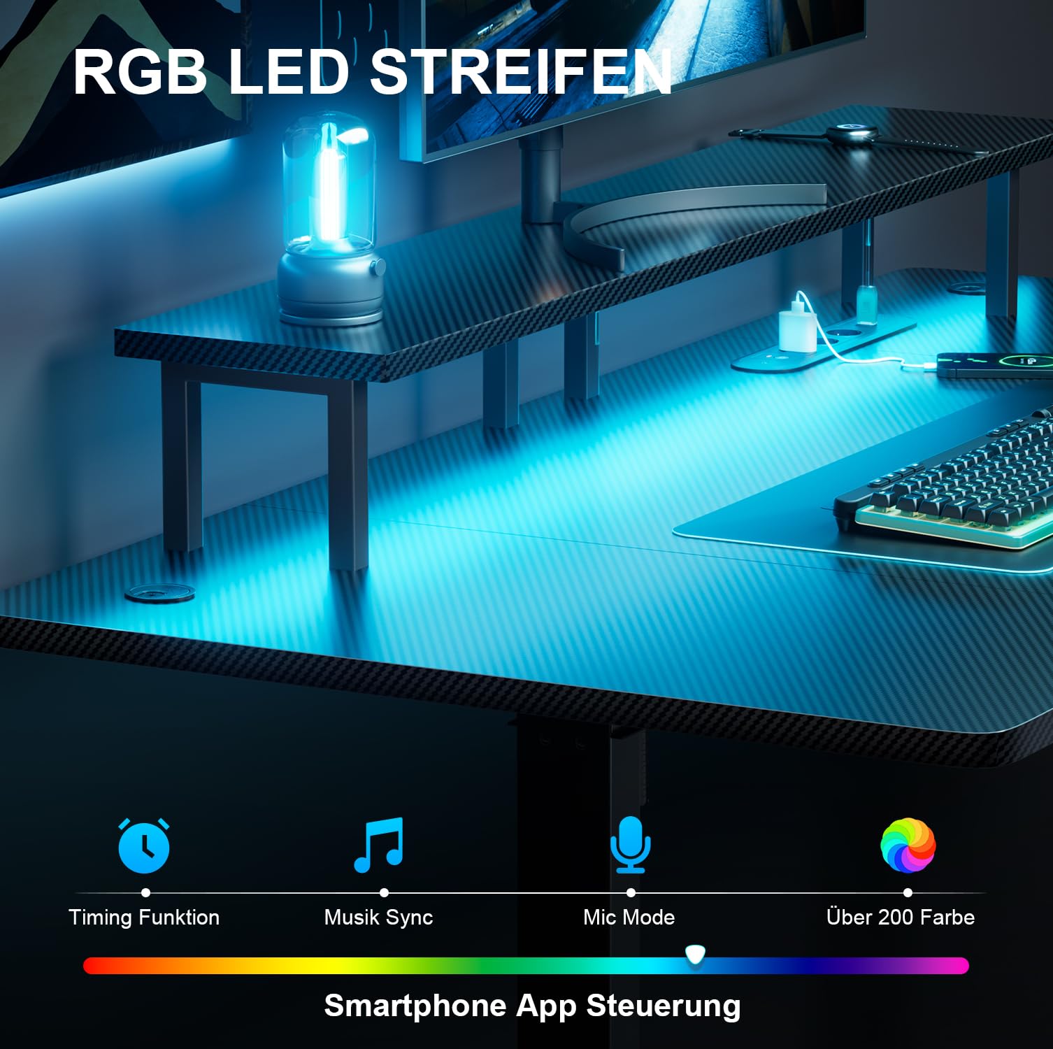 HLONONE Höhenverstellbarer Schreibtisch mit LED, 160 x 60 cm Gaming Tisch Höhenverstellbar mit 3 Steckdosen & 2 USB, Elektrischer Schreibtisch mit Monitorständer & Funktions-Memory, Schwarz