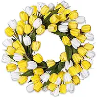 24 Inch Tulip Summer Wreath for Front Door Spring Silk Wreath with Green Leaves Artificial Tulip Flower Wreaths for All Seasons Farmhouse Porch Wall Living Room Home Widding Decor-Yellow