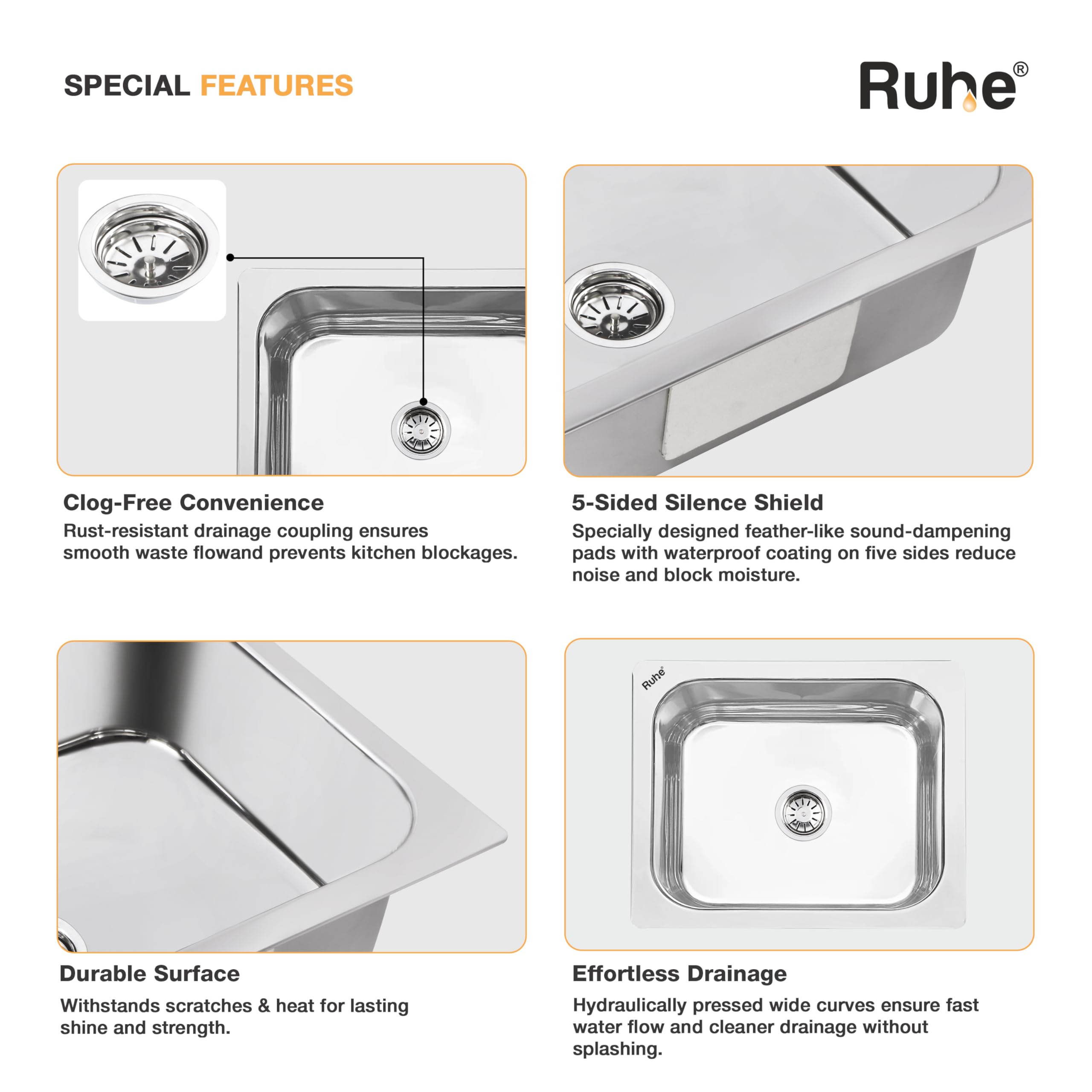 Ruhe® Hydraulic Square Single Bowl Kitchen Sink - 24x18x9 inches | 304-Grade Stainless Steel Sink with Glossy Finish | Kitchen Sink Including Coupling and Waste Pipe 2